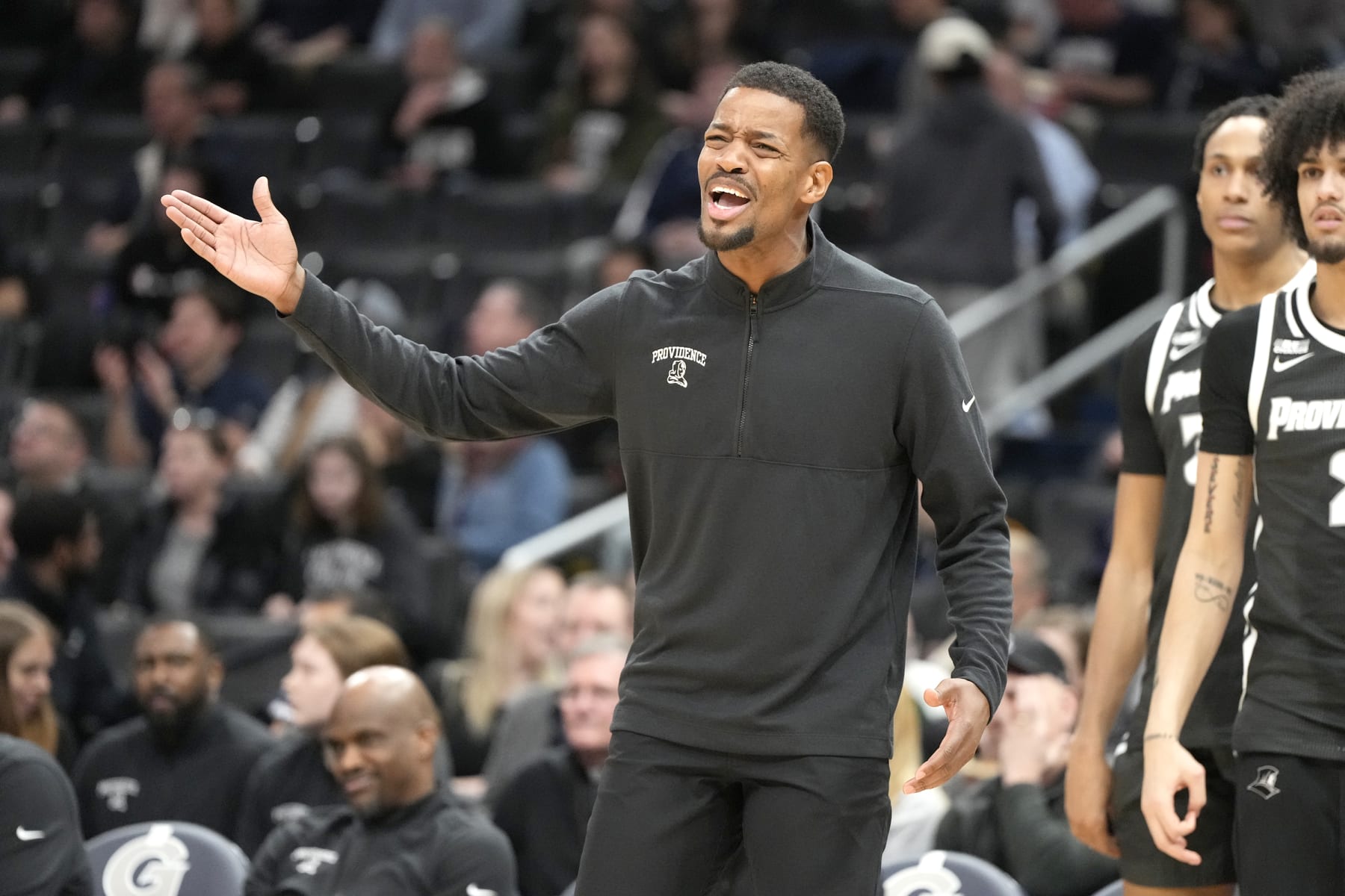 WASHINGTON, DC - MARCH 05:  Head coach KIm English of the Providence Friars reacts to a call in the first half during a college basketball game against the Georgetown Hoyas at the Capital One Arena on March 5, 2024 in Washington, DC.  (Photo by Mitchell Layton/Getty Images)