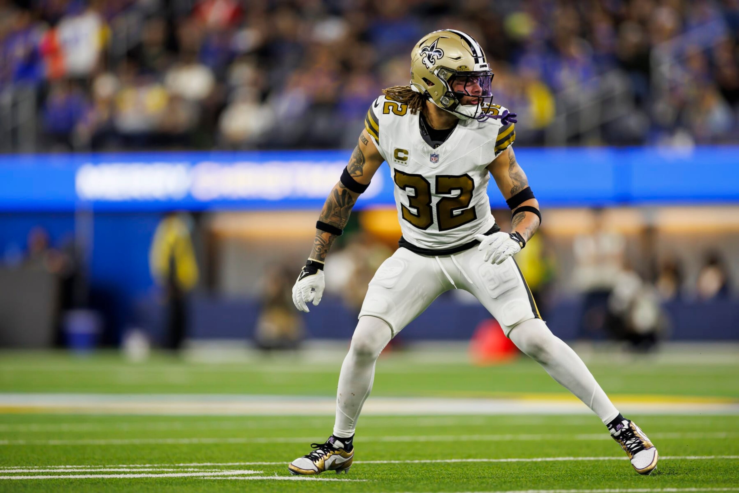 INGLEWOOD, CA - DECEMBER 21: Tyrann Mathieu #32 of the New Orleans Saints defends during an NFL game against the Los Angeles Rams at SoFi Stadium on December 21, 2023 in Inglewood, California. (Photo by Ryan Kang/Getty Images)