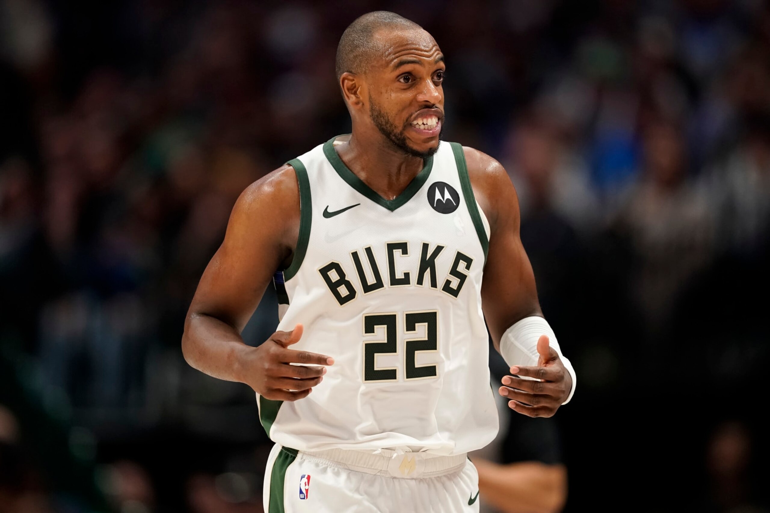 DALLAS, TEXAS - FEBRUARY 03: Khris Middleton #22 of the Milwaukee Bucks looks on during the second half against the Dallas Mavericks at American Airlines Center on February 03, 2024 in Dallas, Texas. NOTE TO USER: User expressly acknowledges and agrees that, by downloading and or using this photograph, User is consenting to the terms and conditions of the Getty Images License Agreement. (Photo by Sam Hodde/Getty Images)