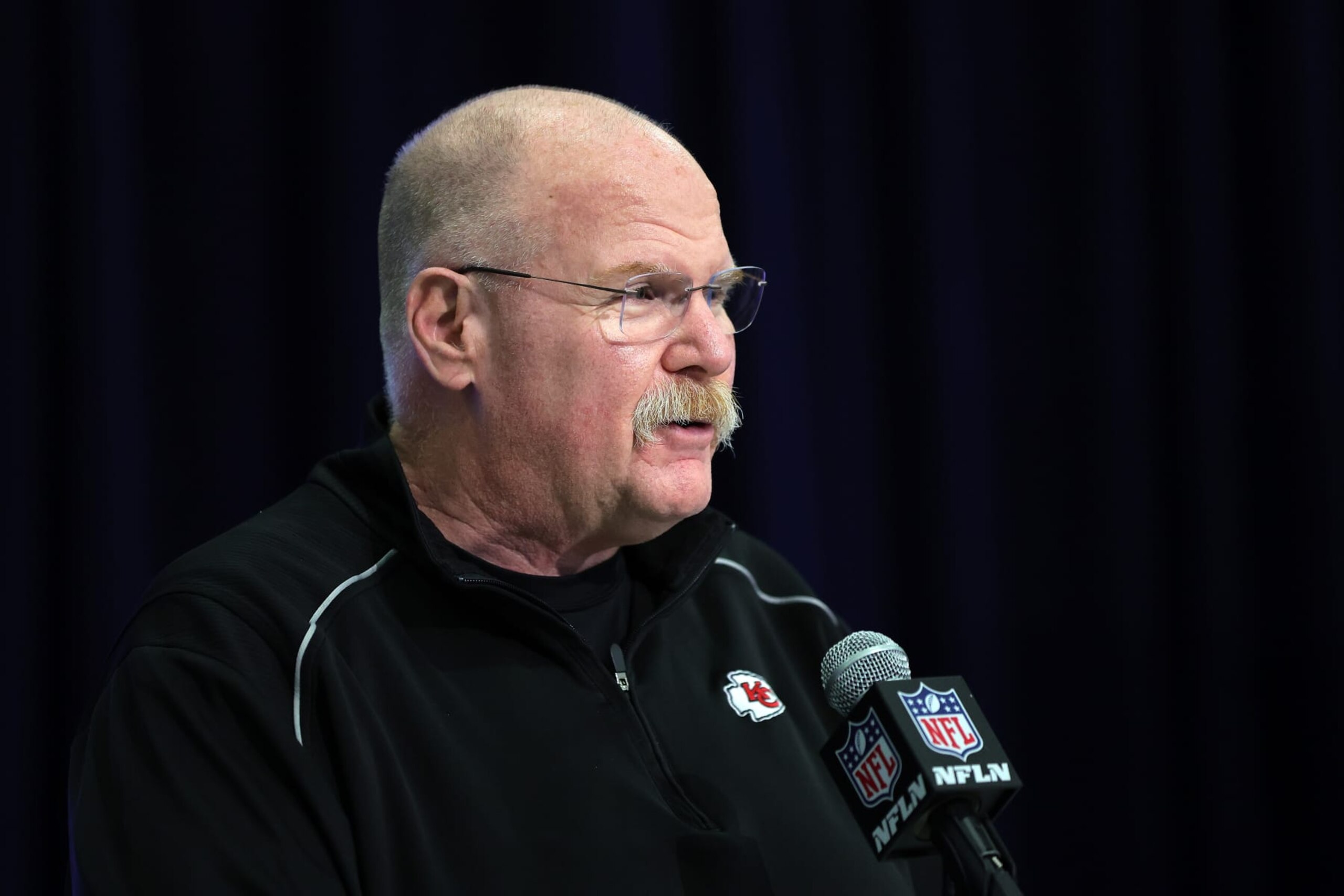 INDIANAPOLIS, INDIANA - FEBRUARY 27: Head coach Andy Reid of the Kansas City Chiefs speaks to the media during the NFL Combine at the Indiana Convention Center on February 27, 2024 in Indianapolis, Indiana. (Photo by Stacy Revere/Getty Images)