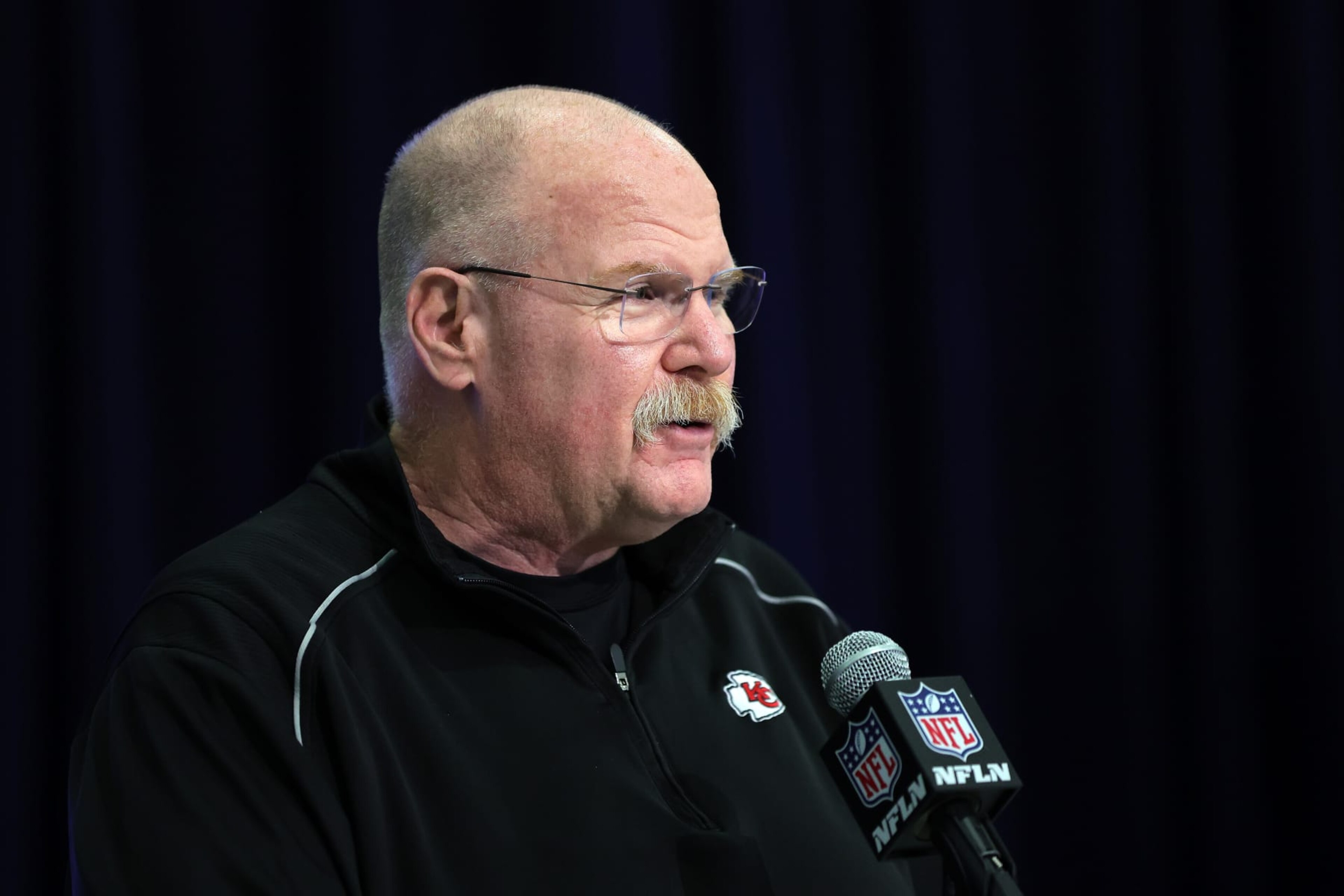 INDIANAPOLIS, INDIANA - FEBRUARY 27: Head coach Andy Reid of the Kansas City Chiefs speaks to the media during the NFL Combine at the Indiana Convention Center on February 27, 2024 in Indianapolis, Indiana. (Photo by Stacy Revere/Getty Images)
