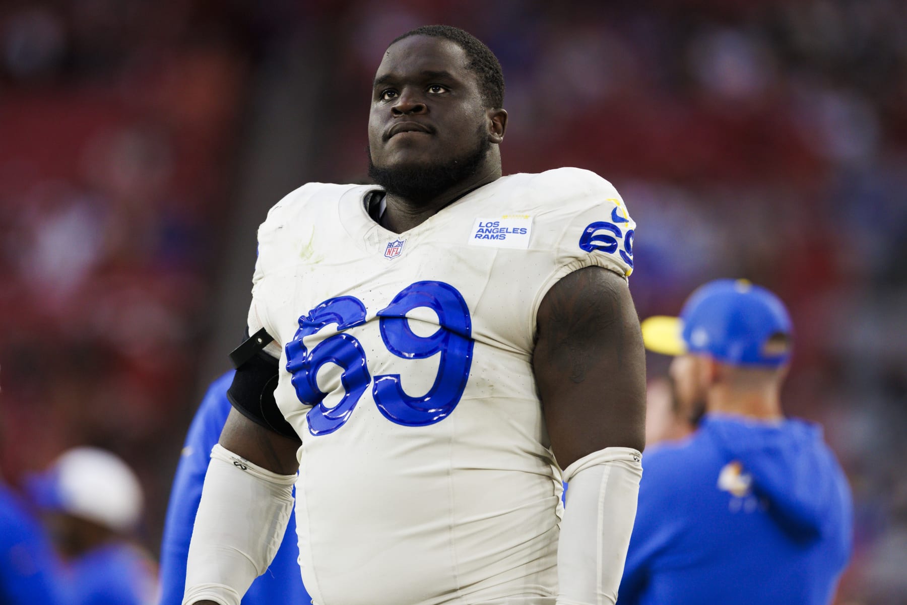 GLENDALE, ARIZONA - NOVEMBER 26: Kevin Dotson #69 of the Los Angeles Rams on the sideline during a game against the Arizona Cardinals at State Farm Stadium on November 26, 2023 in Glendale, Arizona. (Photo by Ric Tapia/Getty Images)
