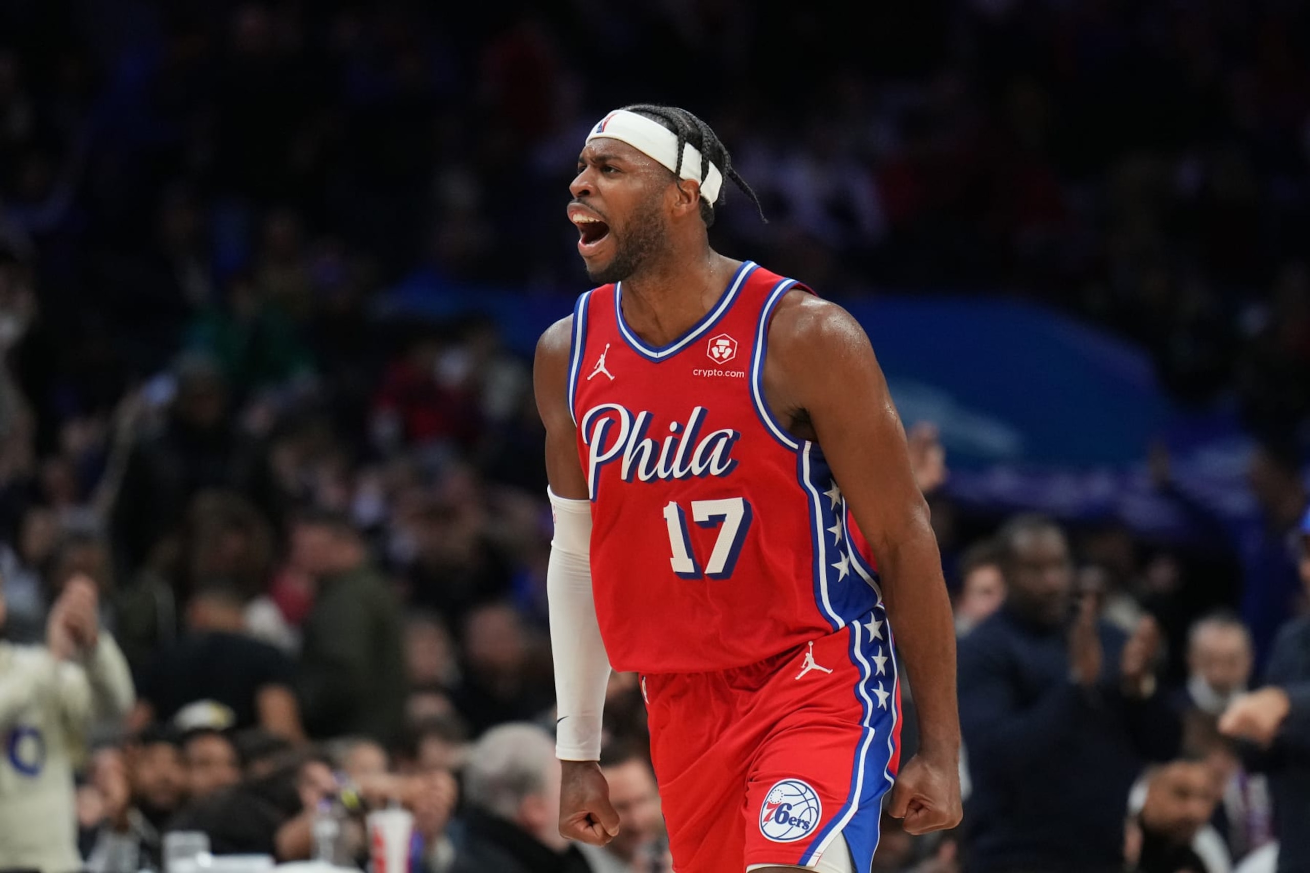 PHILADELPHIA, PA - FEBRUARY 23: Buddy Hield #17 of the Philadelphia 76ers celebrates during the game against the Cleveland Cavaliers on February 23, 2024 at the Wells Fargo Center in Philadelphia, Pennsylvania NOTE TO USER: User expressly acknowledges and agrees that, by downloading and/or using this Photograph, user is consenting to the terms and conditions of the Getty Images License Agreement. Mandatory Copyright Notice: Copyright 2024 NBAE (Photo by Jesse D. Garrabrant/NBAE via Getty Images)