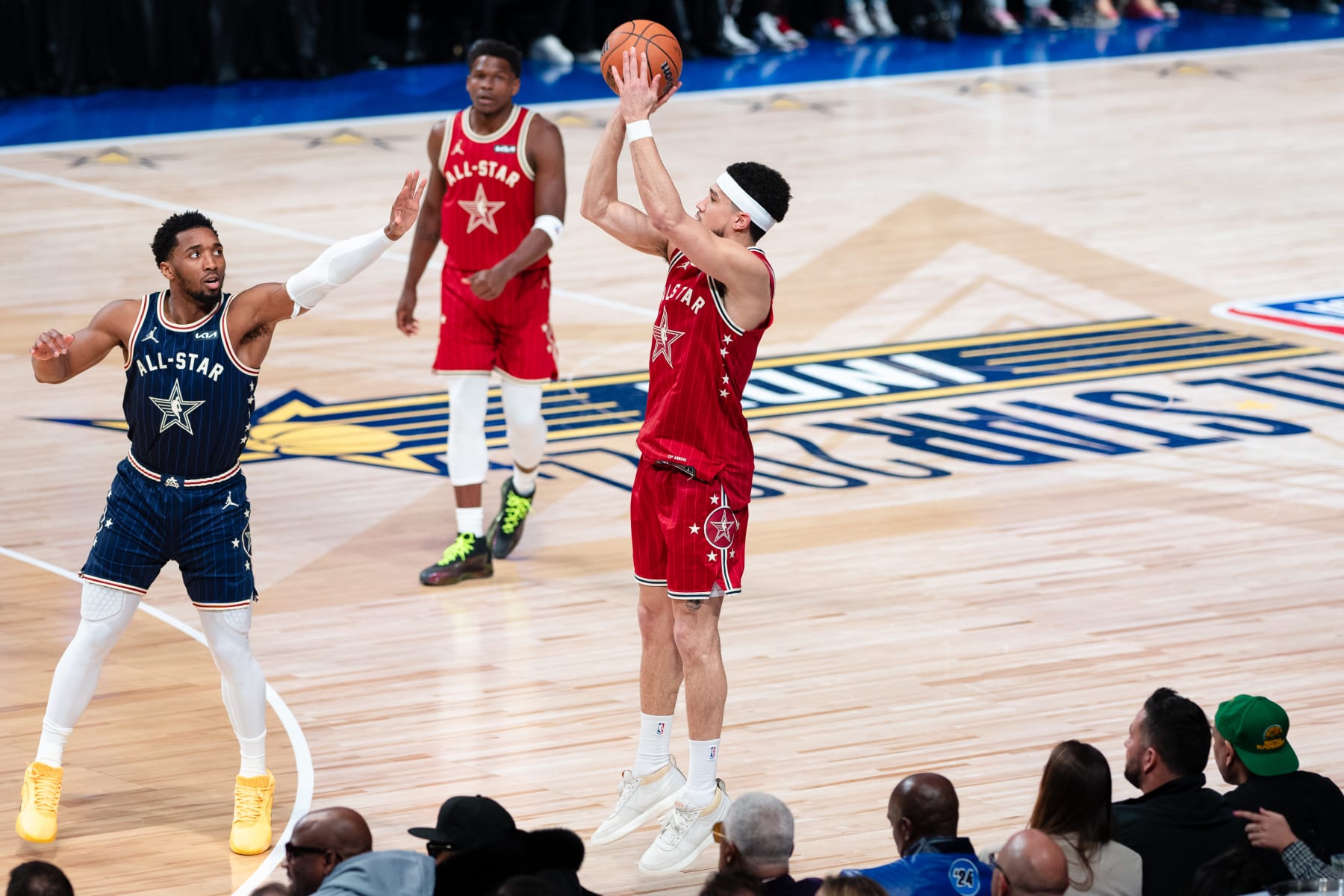 INDIANAPOLIS, IN - FEBRUARY 18: Devin Booker #1 of the Western Conference shoots the ball against the Eastern Conference during the NBA All-Star Game as part of NBA All-Star Weekend on Sunday, February 18, 2024 at Gainbridge Fieldhouse in Indianapolis, Indiana. NOTE TO USER: User expressly acknowledges and agrees that, by downloading and/or using this photograph, user is consenting to the terms and conditions of the Getty Images License Agreement. Mandatory Copyright Notice: Copyright 2024 NBAE (Photo by Evan Yu/NBAE via Getty Images)