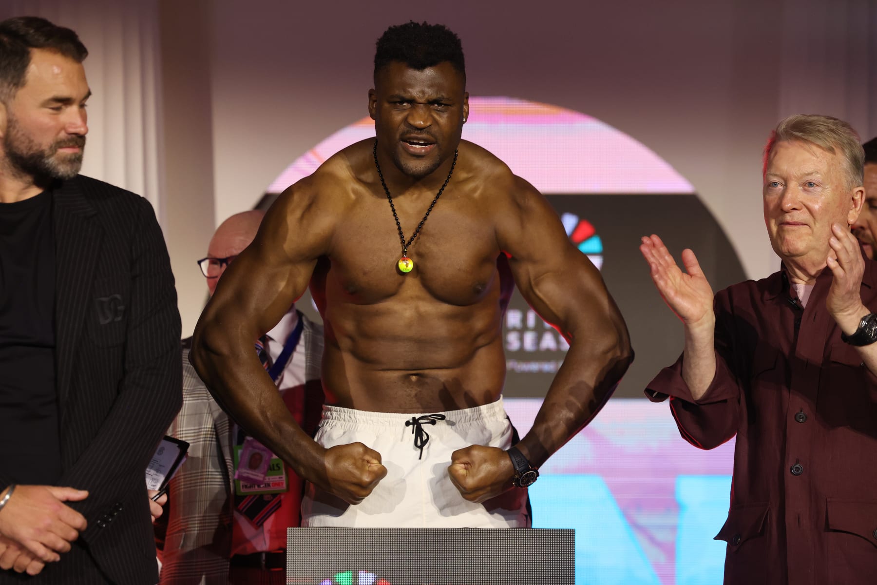 RIYADH, SAUDI ARABIA - MARCH 7: Francis Ngannou at the weigh-in ahead of his fight with Anthony Joshua on March 7, 2024 in Riyadh, Saudi Arabia. (Photo by Mark Robinson/Matchroom Boxing via Getty Images)