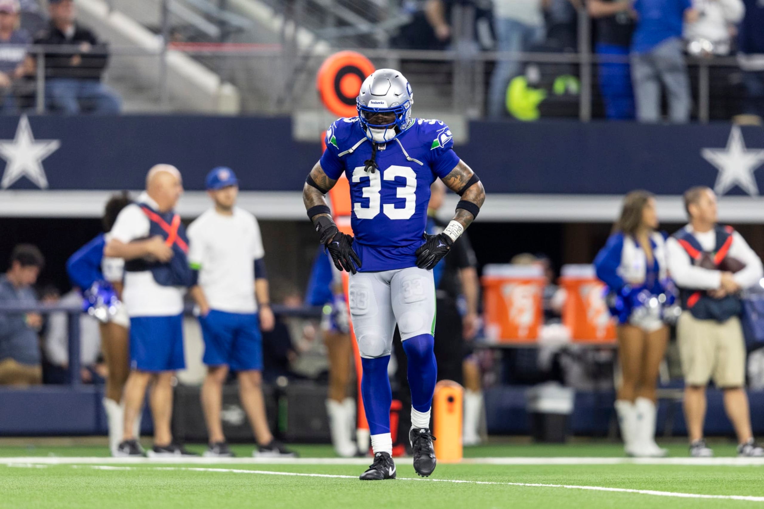 ARLINGTON, TEXAS - NOVEMBER 30: Jamal Adams #33 of the Seattle Seahawks reacts during an NFL football game between the Dallas Cowboys and the Seattle Seahawks at AT&T Stadium on November 30, 2023 in Arlington, Texas. (Photo by Michael Owens/Getty Images)