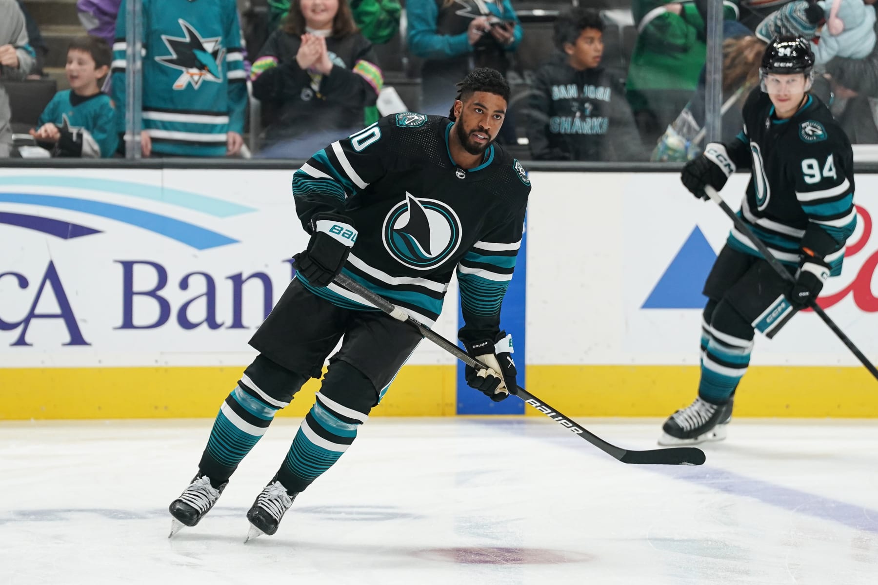 SAN JOSE, CA - FEBRUARY 29: Anthony Duclair #10 of the San Jose Sharks skates during warmups before the game against the Anaheim Ducks at SAP Center on February 29, 2024 in San Jose, California. (Photo by Kavin Mistry/NHLI via Getty Images)