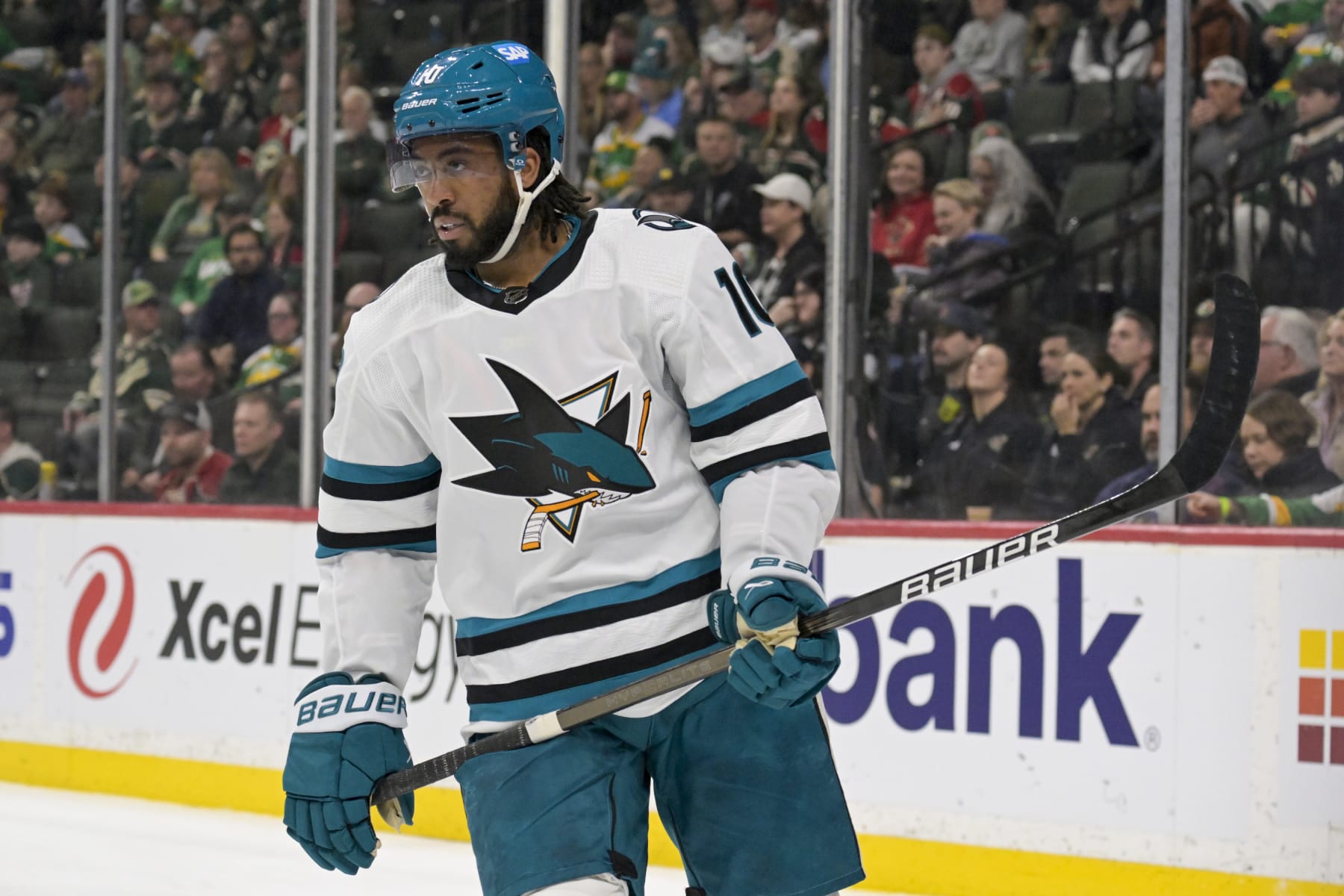 ST. PAUL, MINNESOTA - MARCH 03: Anthony Duclair #10 of the San Jose Sharks looks on against the Minnesota Wild during the first period at Excel Energy Center on March 03, 2024 in St. Paul, Minnesota. The Wild defeated the Sharks 4-3. (Photo by Nick Wosika/Getty Images)