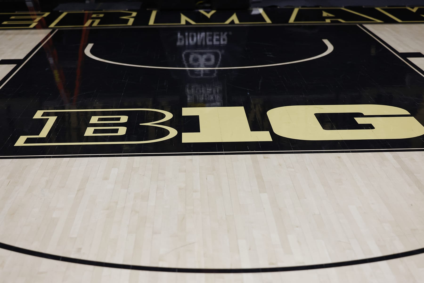 WEST LAFAYETTE, IN - MARCH 02: The B1G Logo on display during a mens college basketball game between the Michigan State Spartans and the Purdue Boilermakers on March 02, 2024 at Mackey Arena in West Lafayette, IN.  (Photo by Jeffrey Brown/Icon Sportswire via Getty Images)