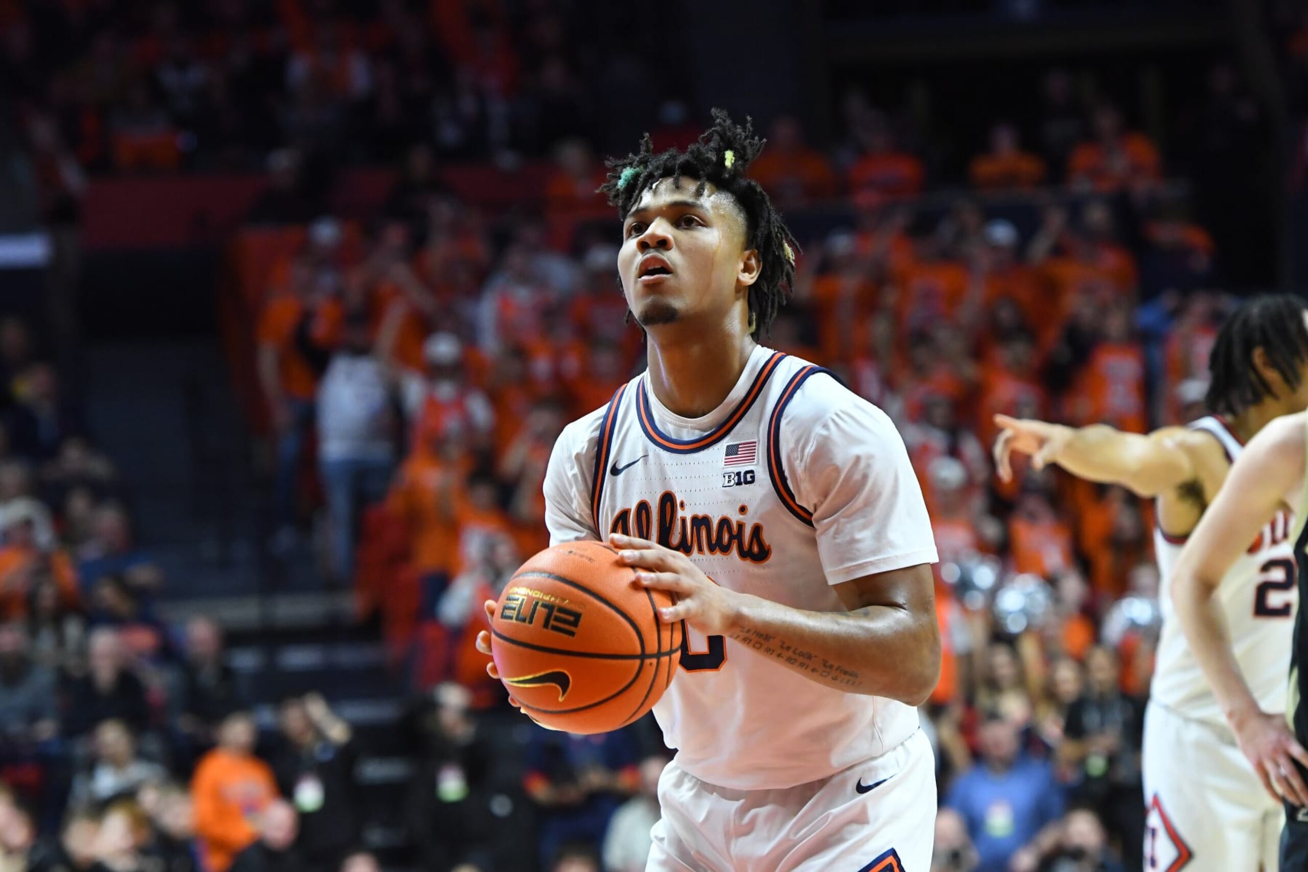 CHAMPAIGN, IL - MARCH 05: Illinois Fighting Illini Guard Terrence Shannon Jr (0) attempts a free throw from the charity stripe, Tuesday, March 5, 2024, in a Big 10 Conference contest with the Purdue Boilermakers at State Farm Center in Champaign, Illinois. (Photo by David Allio/Icon Sportswire via Getty Images)