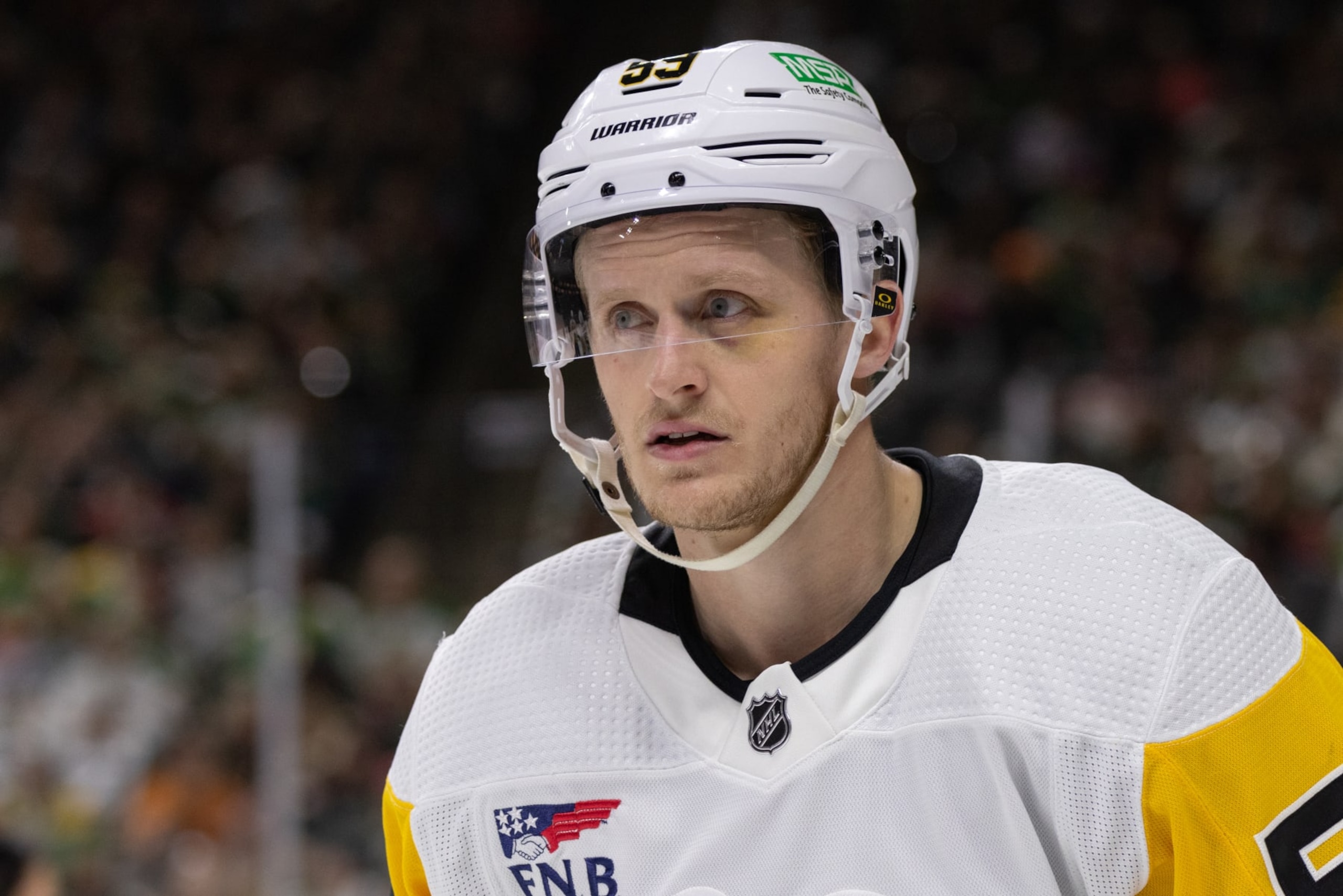 SAINT PAUL, MN - FEBRUARY 09: Pittsburgh Penguins left wing Jake Guentzel (59) looks on during the second period of the NHL game between the Pittsburgh Penguins and the Minnesota Wild on February 9th, 2024, at the Xcel Energy Center in Saint Paul, MN. (Photo by Bailey Hillesheim/Icon Sportswire via Getty Images)