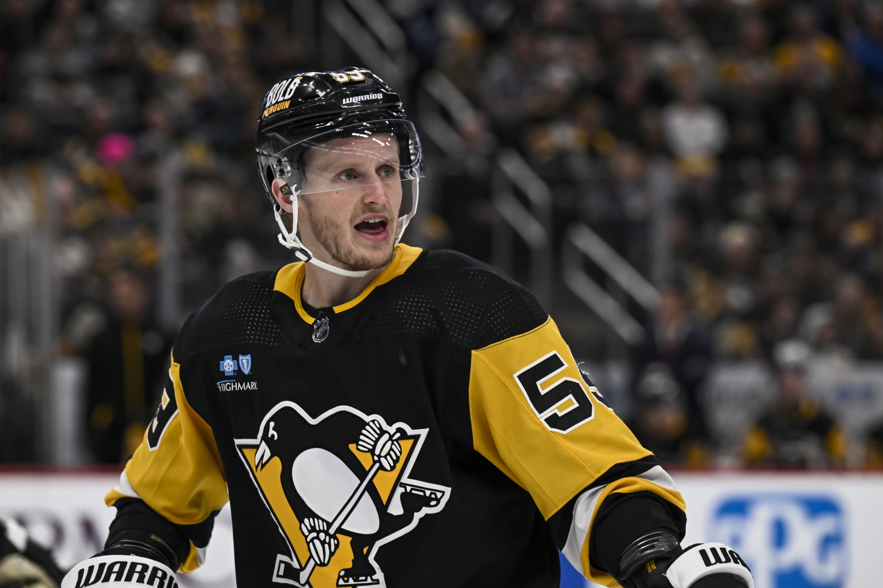 PITTSBURGH, PA - FEBRUARY 14: Pittsburgh Penguins left wing Jake Guentzel (59) looks on during the second period in the NHL game between the Pittsburgh Penguins and the Florida Panthers on February 14, 2024, at PPG Paints Arena in Pittsburgh, PA. (Photo by Jeanine Leech/Icon Sportswire via Getty Images)