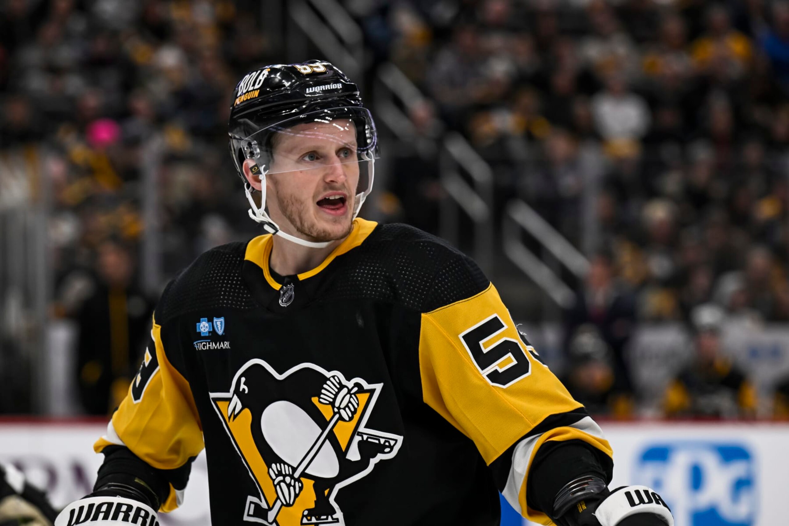 PITTSBURGH, PA - FEBRUARY 14: Pittsburgh Penguins left wing Jake Guentzel (59) looks on during the second period in the NHL game between the Pittsburgh Penguins and the Florida Panthers on February 14, 2024, at PPG Paints Arena in Pittsburgh, PA. (Photo by Jeanine Leech/Icon Sportswire via Getty Images)
