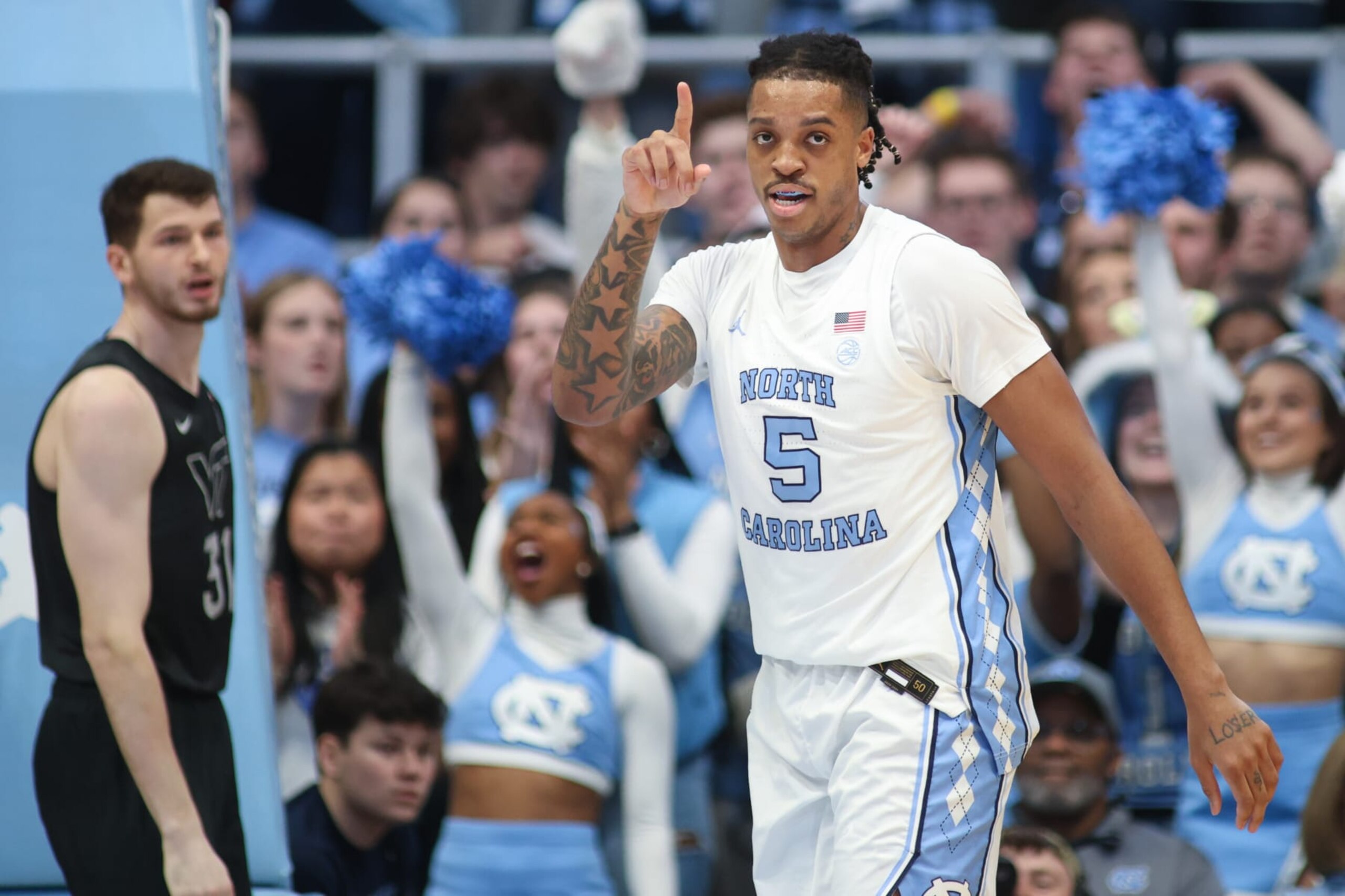 CHAPEL HILL, NC - FEBRUARY 17: North Carolina Tar Heels forward Armando Bacot (5) acknowledges the assist during the college basketball game between the North Carolina Tar Heels and the Virginia Tech Hokies on February 17, 2024 at the Dean Smith Center in Chapel Hill, NC. (Photo by Nicholas Faulkner/Icon Sportswire via Getty Images) CHAPEL HILL, NC - FEBRUARY 17: North Carolina Tar Heels forward Armando Bacot (5) acknowledges the assist during the college basketball game between the North Carolina Tar Heels and the Virginia Tech Hokies on February 17, 2024 at the Dean Smith Center in Chapel Hill, NC. (Photo by Nicholas Faulkner/Icon Sportswire via Getty Images)