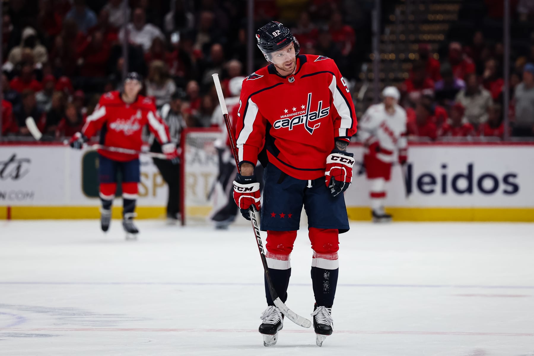 WASHINGTON, DC - MARCH 28: Evgeny Kuznetsov #92 of the Washington Capitals looks on after a play against the Carolina Hurricanes during the second period of the game at Capital One Arena on March 28, 2022 in Washington, DC. (Photo by Scott Taetsch/Getty Images)