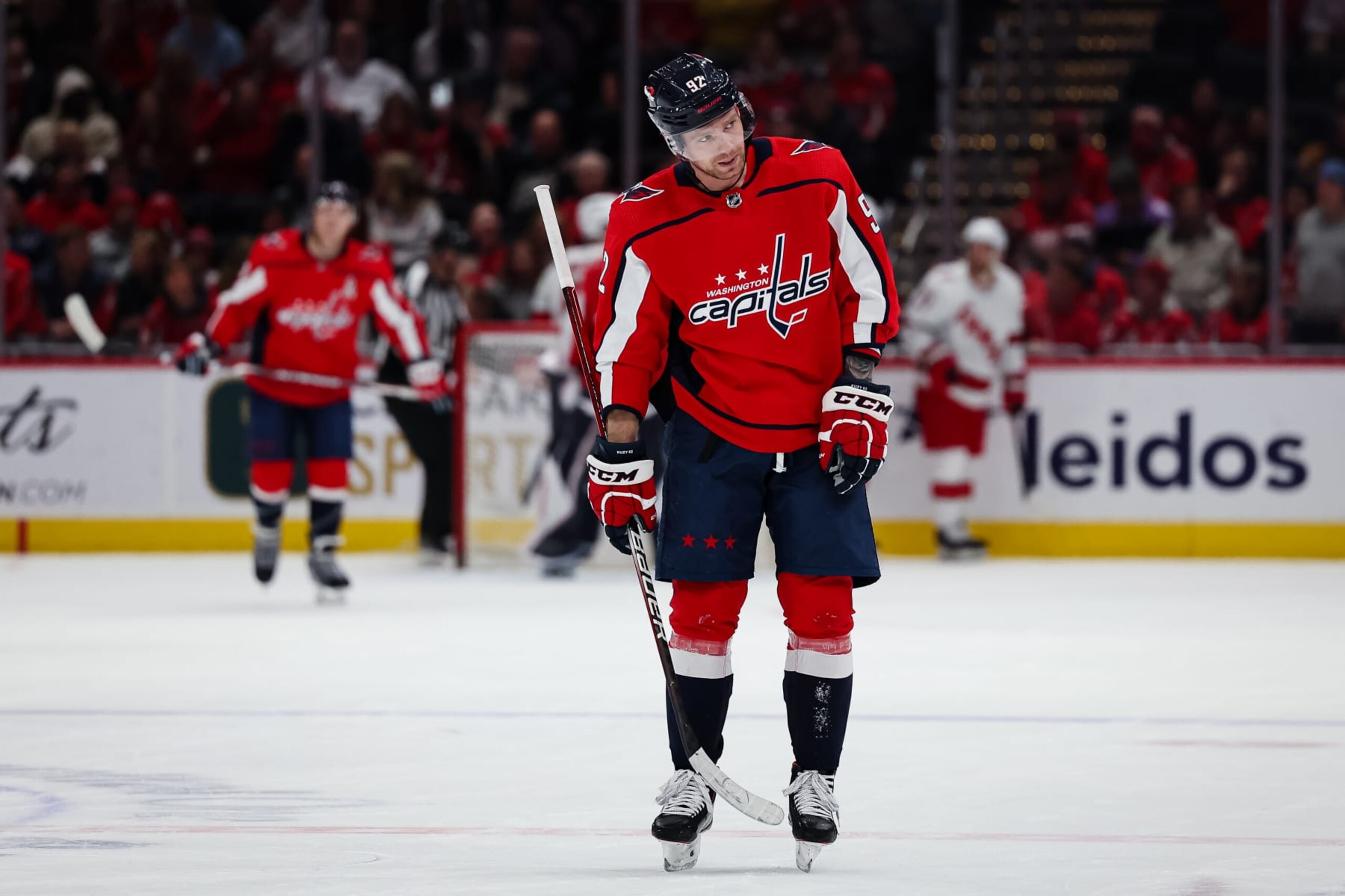 WASHINGTON, DC - MARCH 28: Evgeny Kuznetsov #92 of the Washington Capitals looks on after a play against the Carolina Hurricanes during the second period of the game at Capital One Arena on March 28, 2022 in Washington, DC. (Photo by Scott Taetsch/Getty Images) WASHINGTON, DC - MARCH 28: Evgeny Kuznetsov #92 of the Washington Capitals looks on after a play against the Carolina Hurricanes during the second period of the game at Capital One Arena on March 28, 2022 in Washington, DC. (Photo by Scott Taetsch/Getty Images)