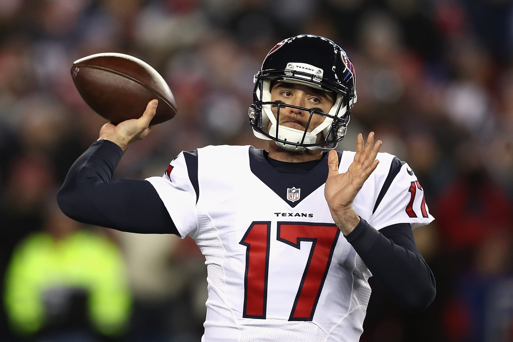 FOXBORO, MA - JANUARY 14: Brock Osweiler #17 of the Houston Texans looks to pass in the first half against the New England Patriots during the AFC Divisional Playoff Game at Gillette Stadium on January 14, 2017 in Foxboro, Massachusetts.  (Photo by Elsa/Getty Images)