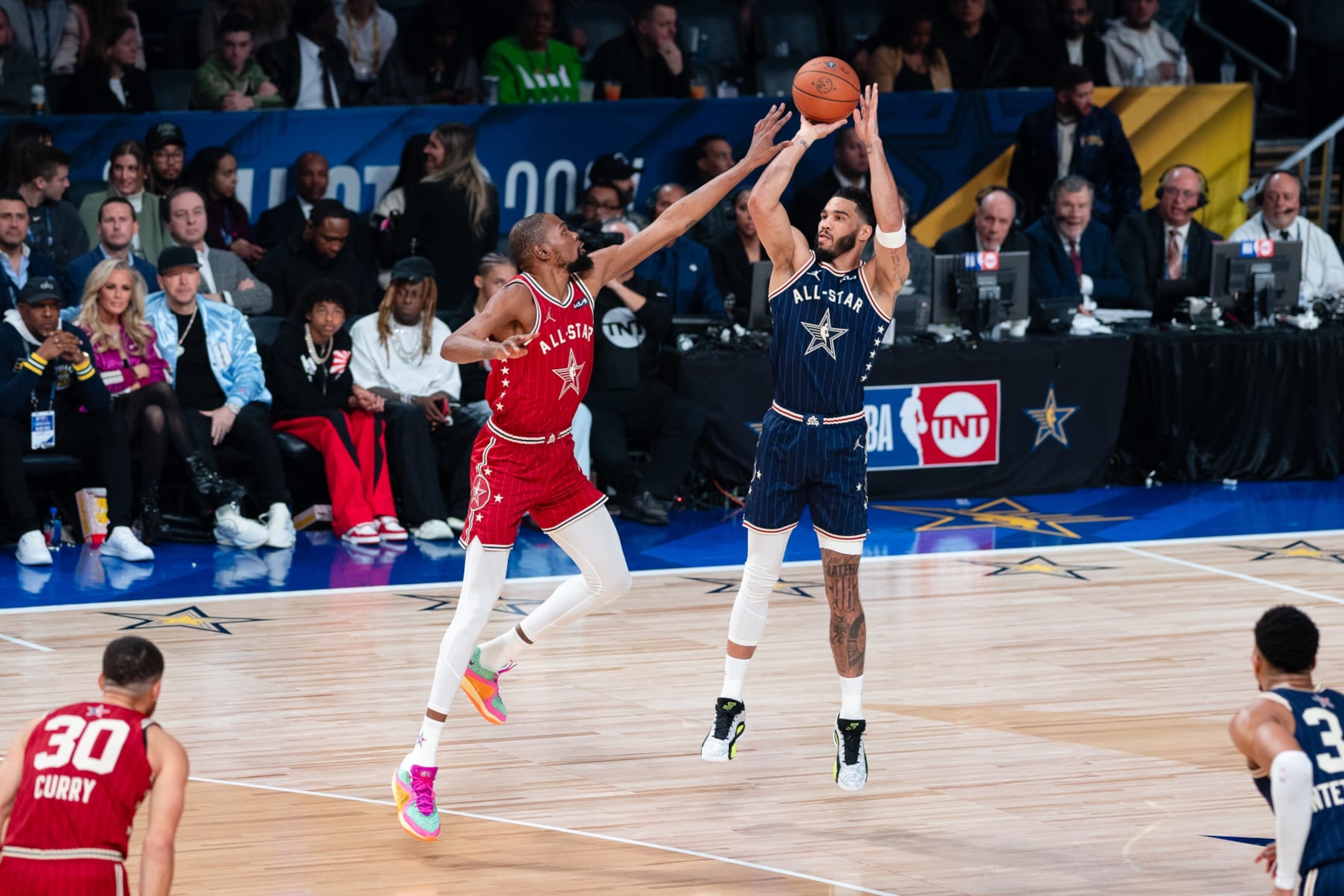 INDIANAPOLIS, IN - FEBRUARY 18: Kevin Durant #35 of the Western Conference defends Jayson Tatum #0 of the Eastern Conference during the NBA All-Star Game as part of NBA All-Star Weekend on Sunday, February 18, 2024 at Gainbridge Fieldhouse in Indianapolis, Indiana. NOTE TO USER: User expressly acknowledges and agrees that, by downloading and/or using this photograph, user is consenting to the terms and conditions of the Getty Images License Agreement. Mandatory Copyright Notice: Copyright 2024 NBAE (Photo by Evan Yu/NBAE via Getty Images)