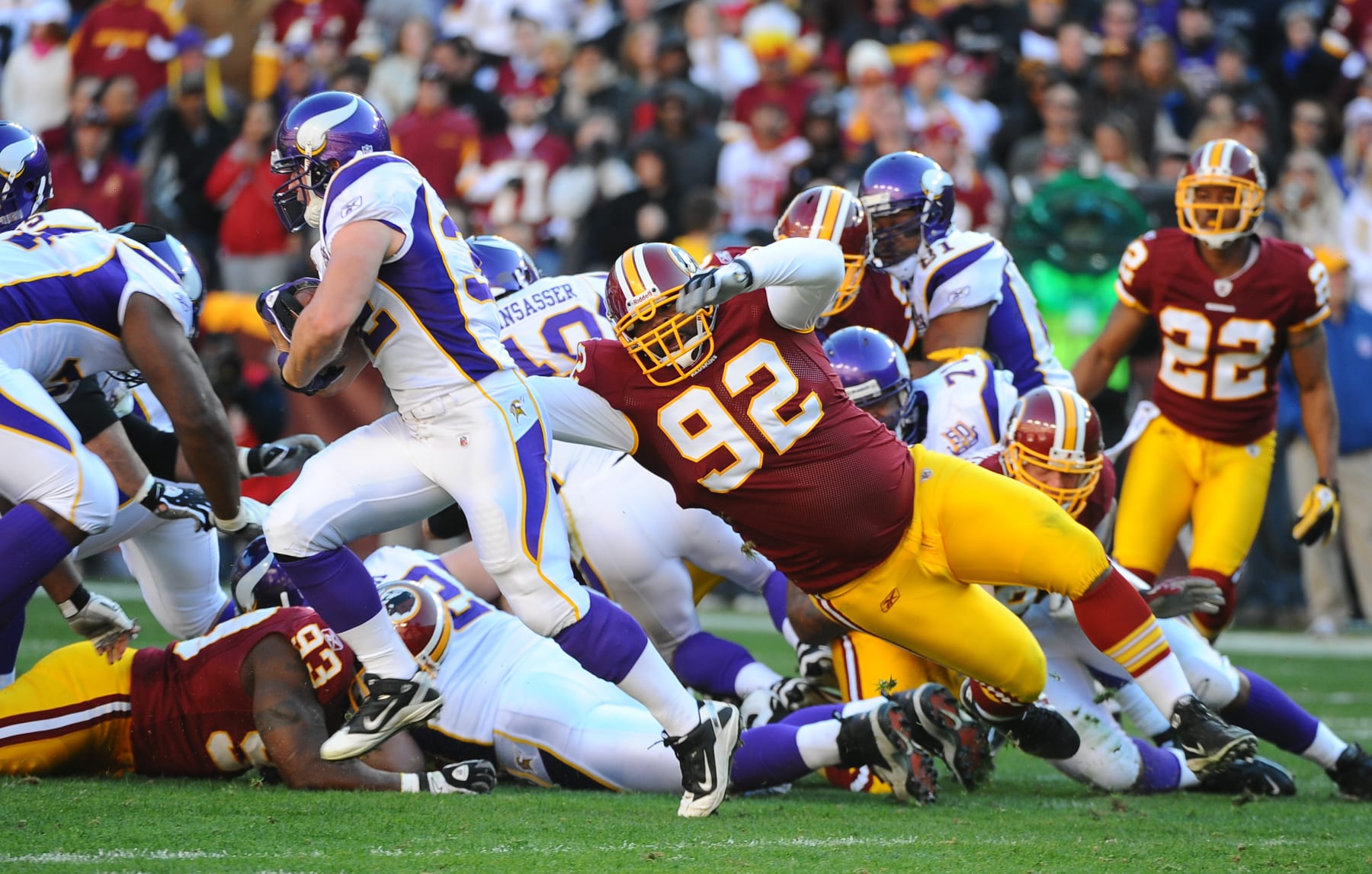 LANDOVER, MD.  -November 28: Albert Haynesworth (92) of the Washington Redskins is late getting to Toby Gerhart (32) of the Minnesota Vikings during the second quarter at FedEx Field in Landover, Md. Sunday, November 28, 2010. (Photo by Jonathan Newton/Washington Post)