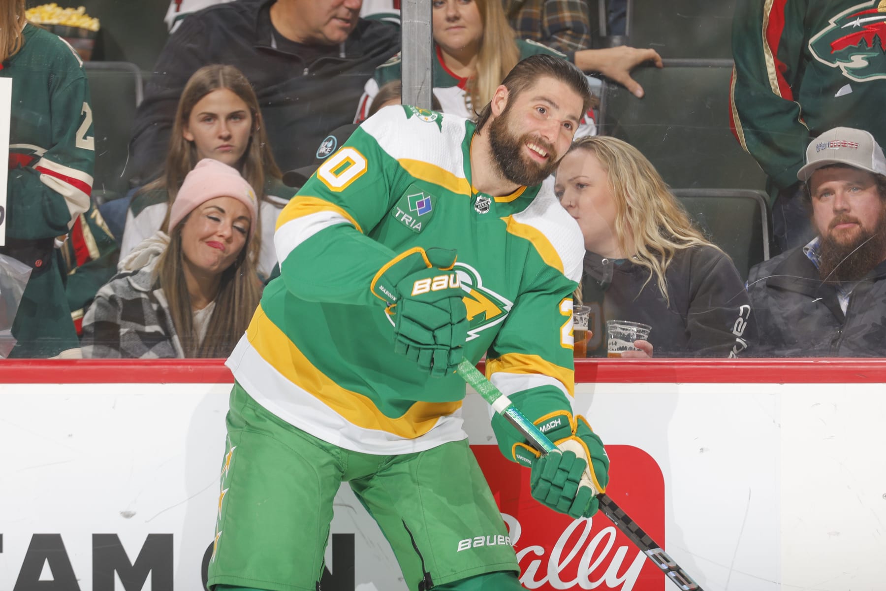 SAINT PAUL, MN - JANUARY 27: Pat Maroon #20 of the Minnesota Wild warms up prior to the game against the Anaheim Ducks at the Xcel Energy Center on January 27, 2024 in Saint Paul, Minnesota. (Photo by Bruce Kluckhohn/NHLI via Getty Images)