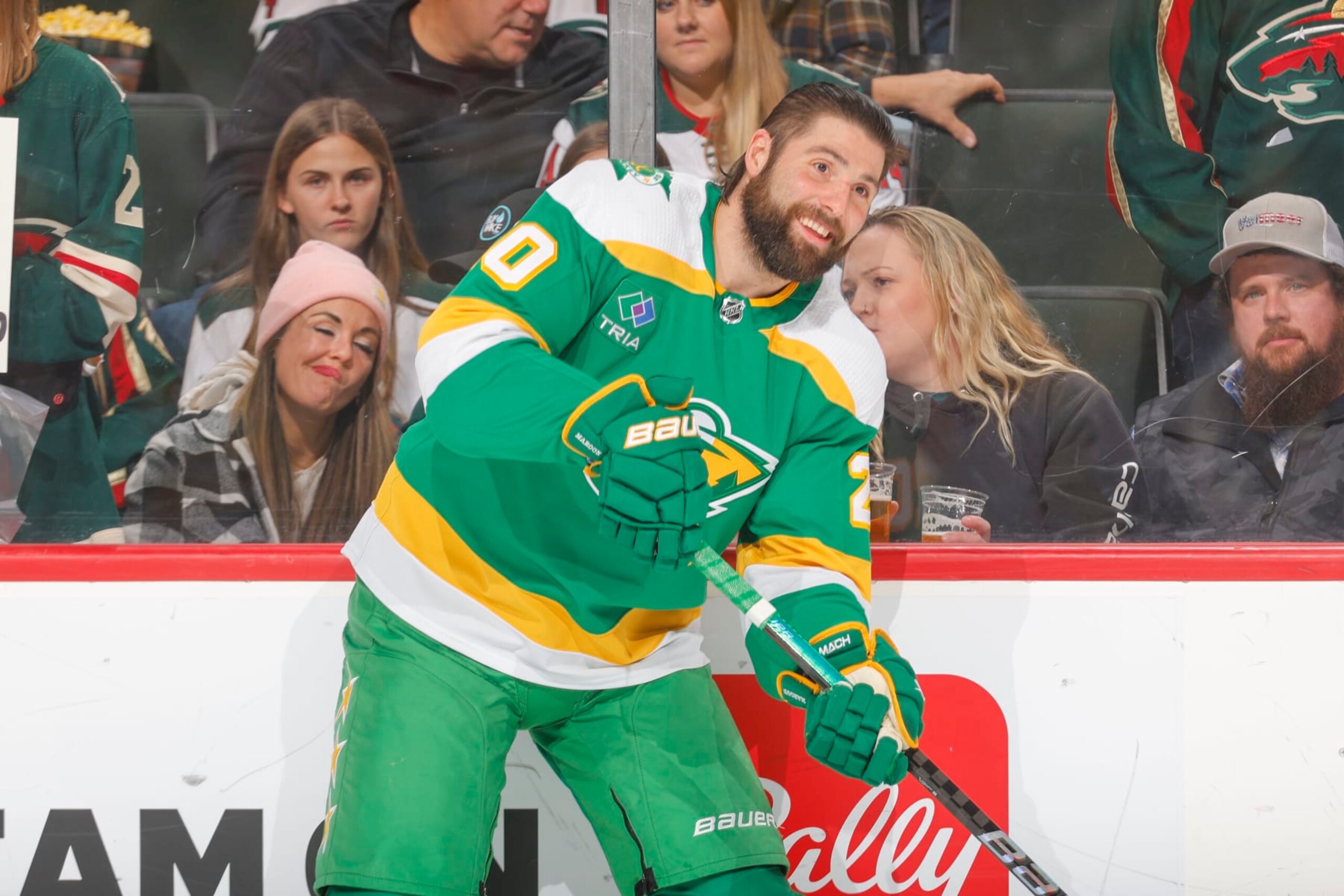 SAINT PAUL, MN - JANUARY 27: Pat Maroon #20 of the Minnesota Wild warms up prior to the game against the Anaheim Ducks at the Xcel Energy Center on January 27, 2024 in Saint Paul, Minnesota. (Photo by Bruce Kluckhohn/NHLI via Getty Images)