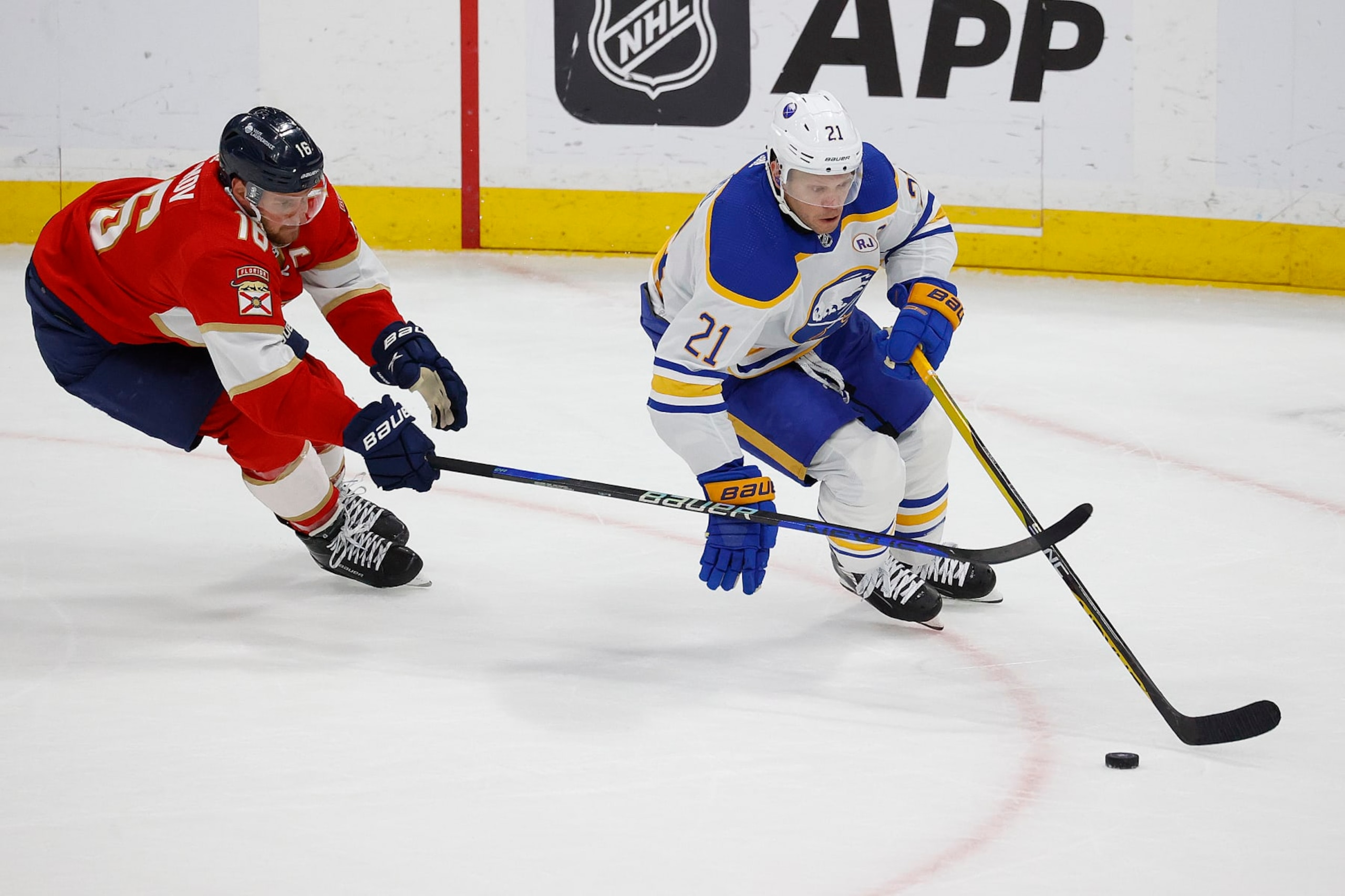 SUNRISE, FLORIDA - FEBRUARY 27: Kyle Okposo #21 of the Buffalo Sabres skates with the puck against Aleksander Barkov #16 of the Florida Panthers at the Amerant Bank Arena on February 27, 2024 in Sunrise, Florida. (Photo by Eliot J. Schechter/NHLI via Getty Images) SUNRISE, FLORIDA - FEBRUARY 27: Kyle Okposo #21 of the Buffalo Sabres skates with the puck against Aleksander Barkov #16 of the Florida Panthers at the Amerant Bank Arena on February 27, 2024 in Sunrise, Florida. (Photo by Eliot J. Schechter/NHLI via Getty Images)