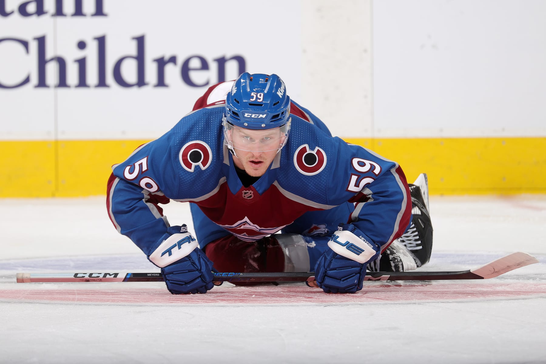 DENVER, COLORADO - JANUARY 06: Ben Meyers #59 of the Colorado Avalanche stretches prior to the game against the Florida Panthers at Ball Arena on January 6, 2024 in Denver, Colorado. (Photo by Michael Martin/NHLI via Getty Images)