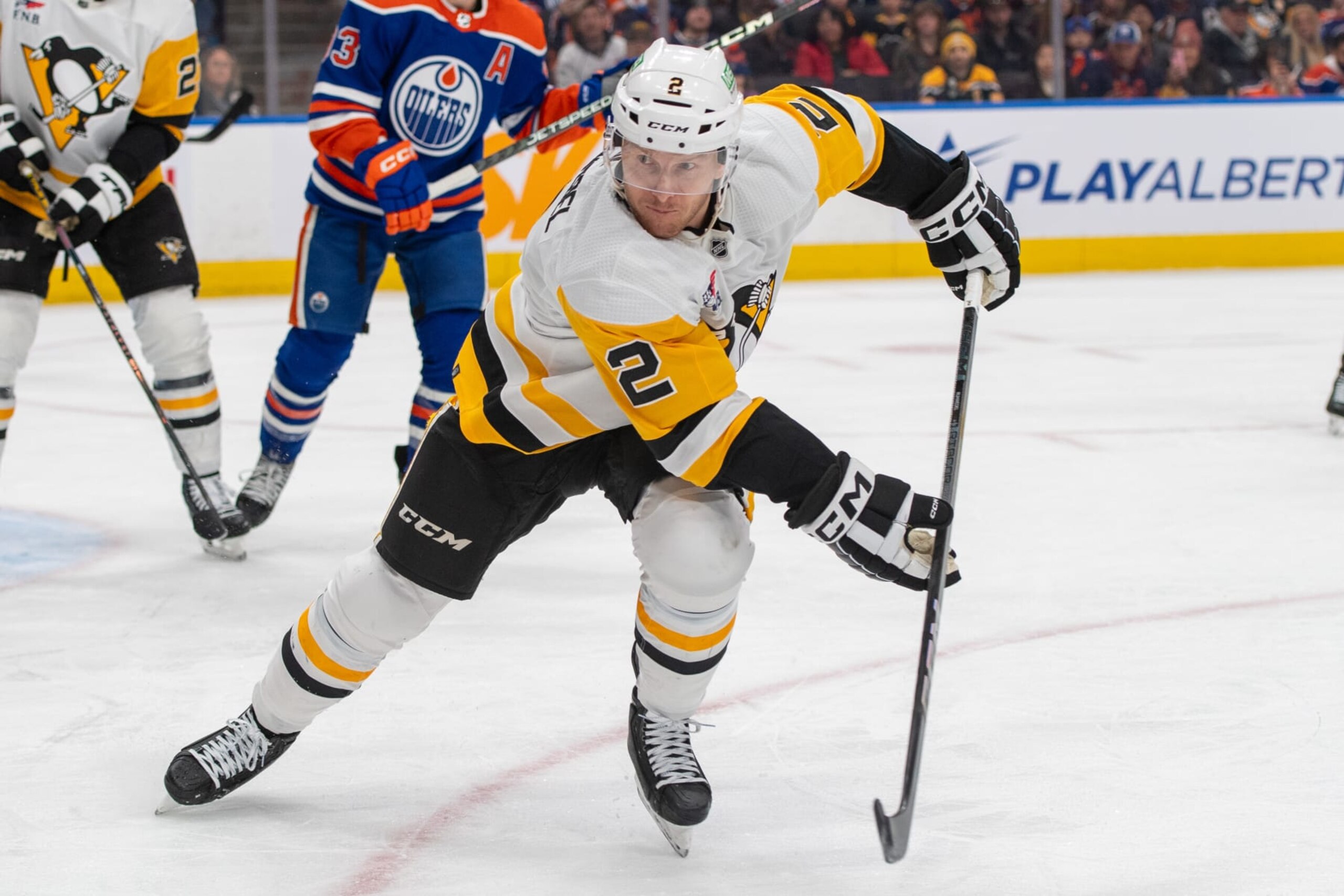 EDMONTON, CANADA - MARCH 3: Chad Ruhwedel #2 of the Pittsburgh Penguins skates during the game against the Edmonton Oilers at Rogers Place on March 03, 2024, in Edmonton, Alberta, Canada. (Photo by Andy Devlin/NHLI via Getty Images)