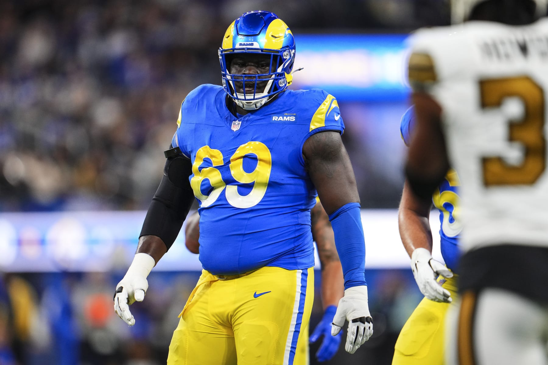 INGLEWOOD, CA - DECEMBER 21: Kevin Dotson #69 of the Los Angeles Rams lines up during an NFL football game against the New Orleans Saints at SoFi Stadium on December 21, 2023 in Inglewood, California. (Photo by Cooper Neill/Getty Images) INGLEWOOD, CA - DECEMBER 21: Kevin Dotson #69 of the Los Angeles Rams lines up during an NFL football game against the New Orleans Saints at SoFi Stadium on December 21, 2023 in Inglewood, California. (Photo by Cooper Neill/Getty Images)