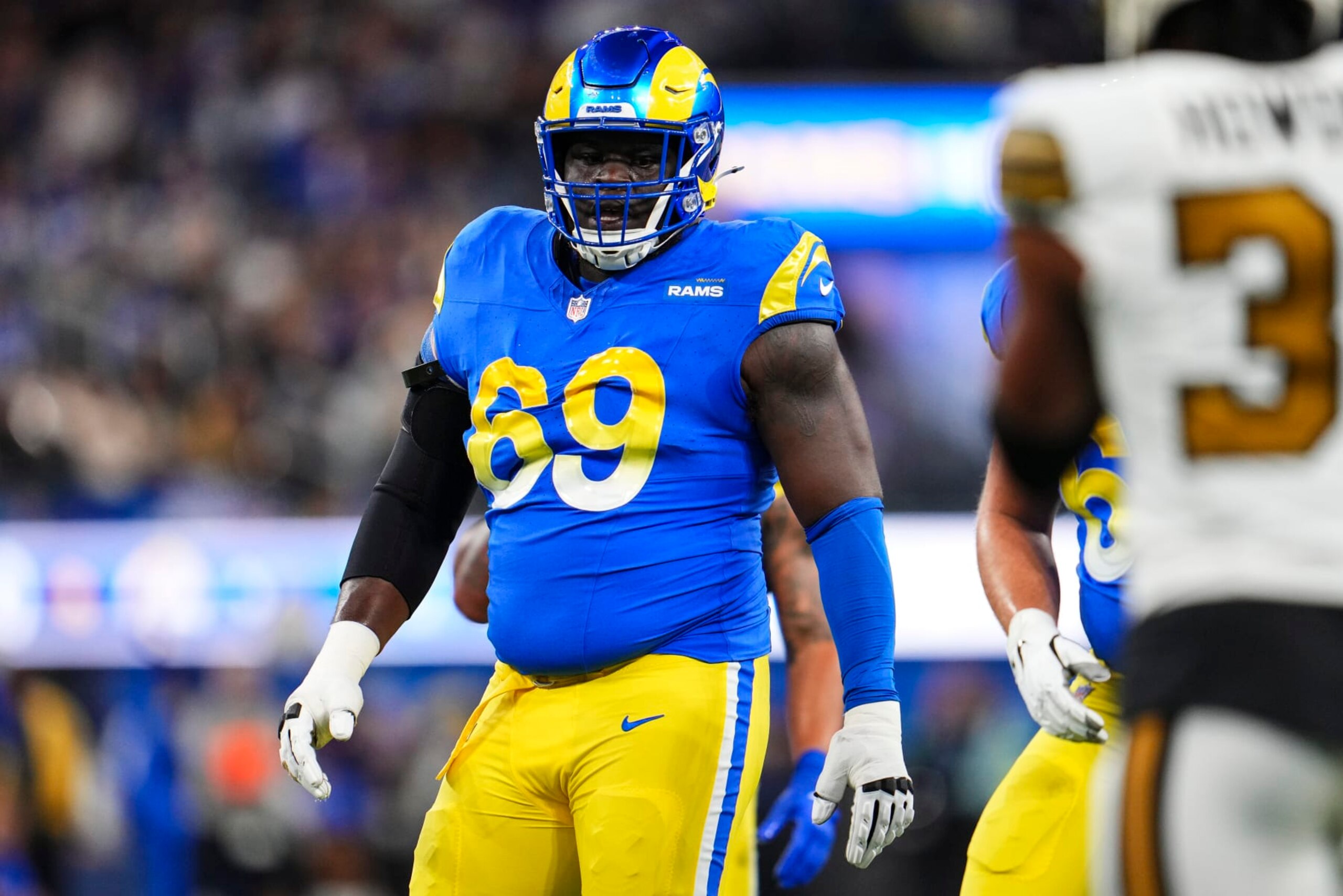 INGLEWOOD, CA - DECEMBER 21: Kevin Dotson #69 of the Los Angeles Rams lines up during an NFL football game against the New Orleans Saints at SoFi Stadium on December 21, 2023 in Inglewood, California. (Photo by Cooper Neill/Getty Images)