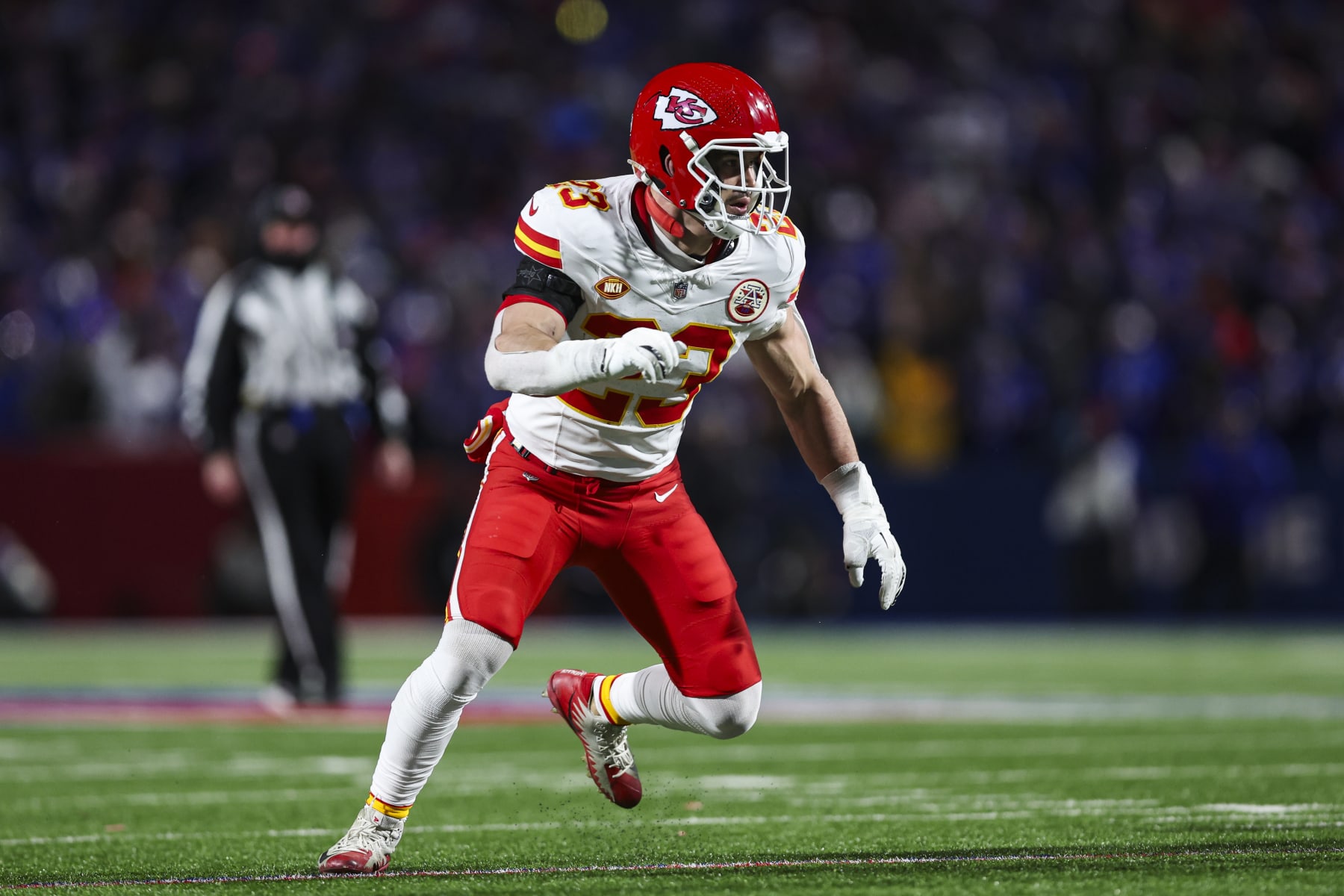 ORCHARD PARK, NY - JANUARY 21: Drue Tranquill #23 of the Kansas City Chiefs defends in coverage during an NFL divisional round playoff football game against the Buffalo Bills at Highmark Stadium on January 21, 2024 in Orchard Park, New York. (Photo by Perry Knotts/Getty Images) ORCHARD PARK, NY - JANUARY 21: Drue Tranquill #23 of the Kansas City Chiefs defends in coverage during an NFL divisional round playoff football game against the Buffalo Bills at Highmark Stadium on January 21, 2024 in Orchard Park, New York. (Photo by Perry Knotts/Getty Images)