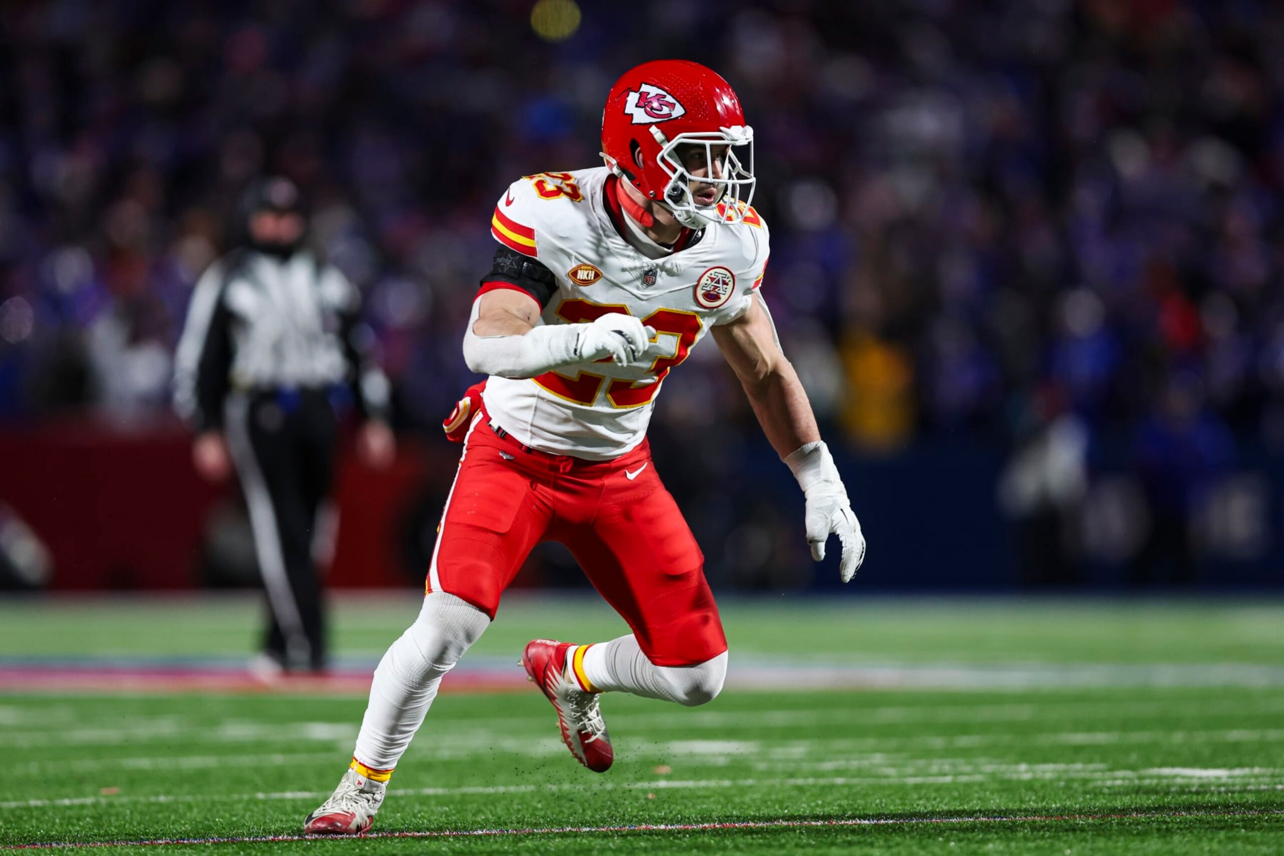 ORCHARD PARK, NY - JANUARY 21: Drue Tranquill #23 of the Kansas City Chiefs defends in coverage during an NFL divisional round playoff football game against the Buffalo Bills at Highmark Stadium on January 21, 2024 in Orchard Park, New York. (Photo by Perry Knotts/Getty Images)