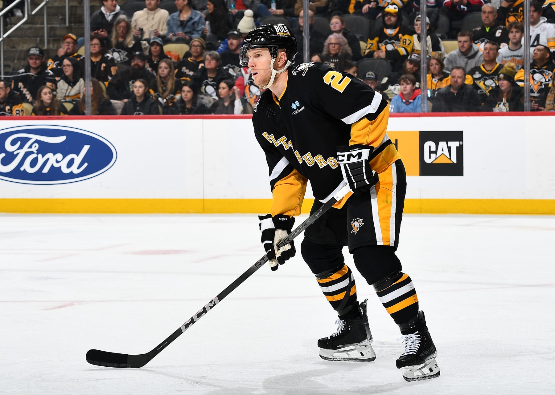 PITTSBURGH, PA - FEBRUARY 22:  Chad Ruhwedel #2 of the Pittsburgh Penguins skates against the Montreal Canadiens at PPG PAINTS Arena on February 22, 2024 in Pittsburgh, Pennsylvania. (Photo by Joe Sargent/NHLI via Getty Images)