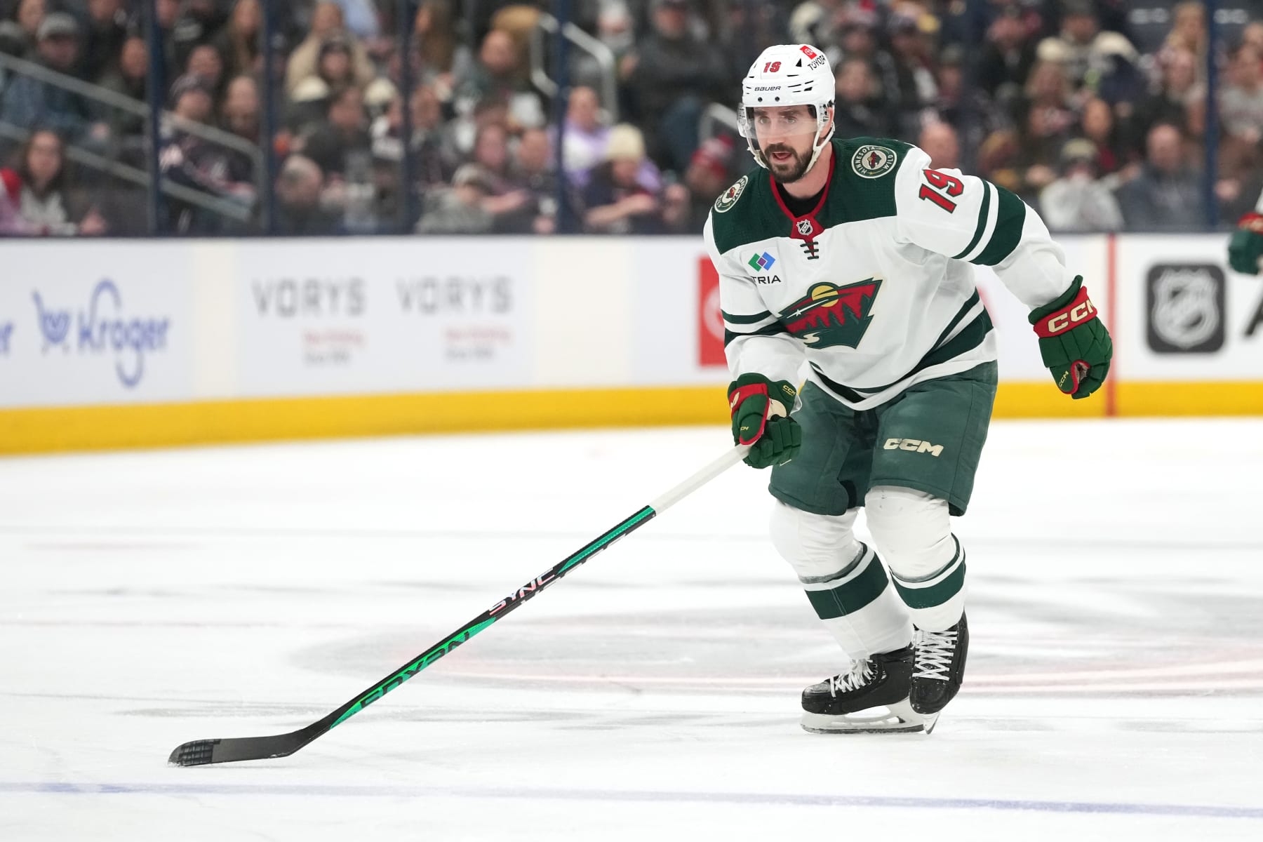 COLUMBUS, OHIO - JANUARY 06: Nic Petan #19 of the Minnesota Wild skates during the first period against the Columbus Blue Jackets at Nationwide Arena on January 06, 2024 in Columbus, Ohio. (Photo by Jason Mowry/Getty Images)