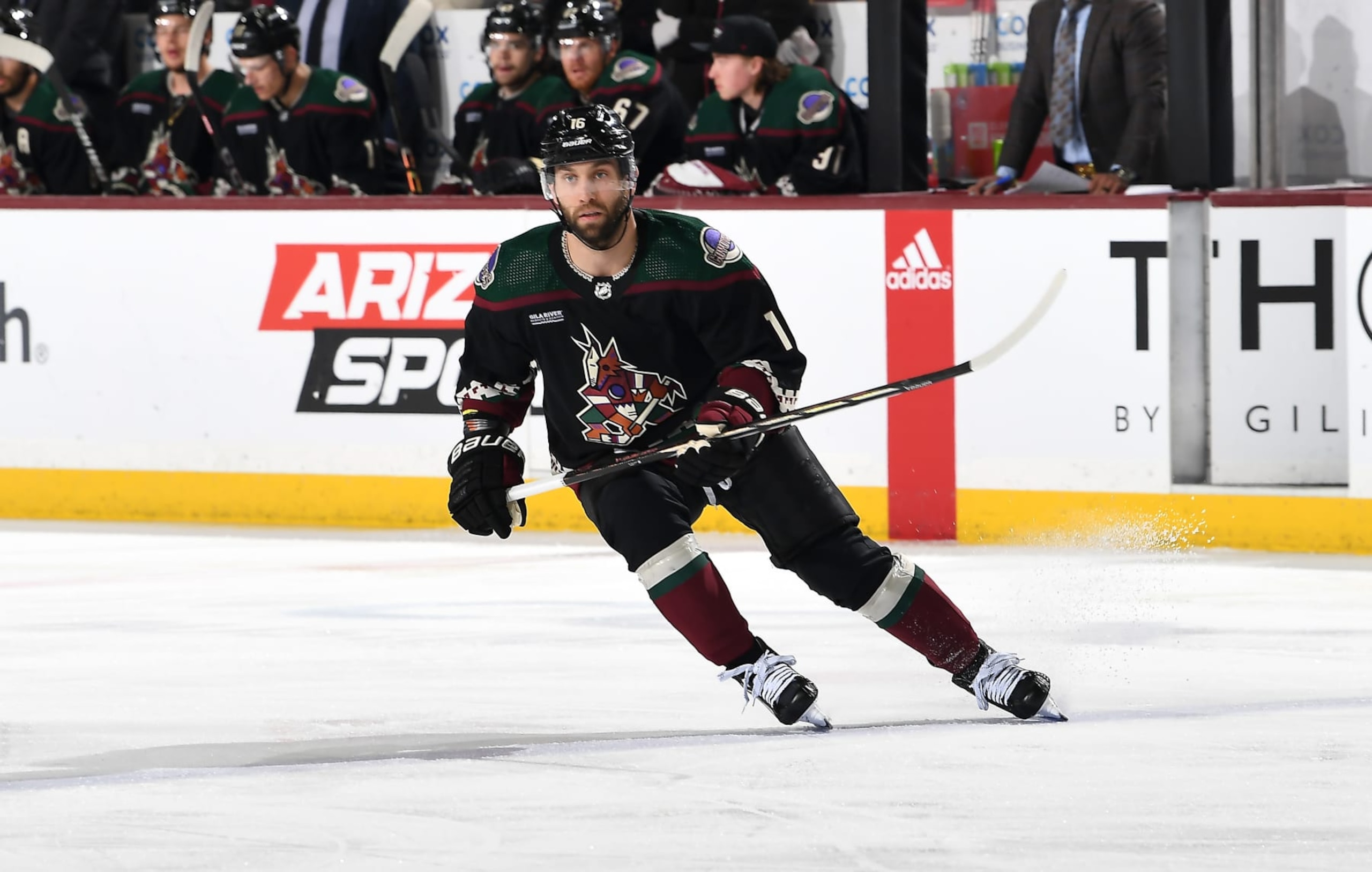 TEMPE, ARIZONA - FEBRUARY 16: Jason Zucker #16 of the Arizona Coyotes skates up ice against the Carolina Hurricanes at Mullett Arena on February 16, 2024 in Tempe, Arizona. (Photo by Norm Hall/NHLI via Getty Images) TEMPE, ARIZONA - FEBRUARY 16: Jason Zucker #16 of the Arizona Coyotes skates up ice against the Carolina Hurricanes at Mullett Arena on February 16, 2024 in Tempe, Arizona. (Photo by Norm Hall/NHLI via Getty Images)
