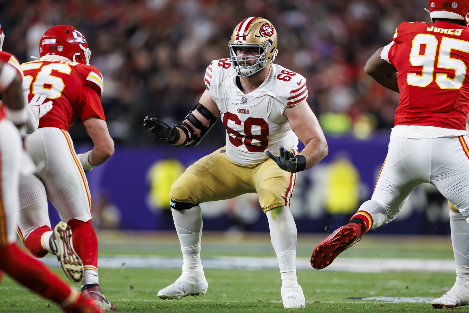 LAS VEGAS, NEVADA - FEBRUARY 11: Colton McKivitz #68 of the San Francisco 49ers blocks during Super Bowl LVIII against the Kansas City Chiefs at Allegiant Stadium on February 11, 2024 in Las Vegas, Nevada. (Photo by Ryan Kang/Getty Images) LAS VEGAS, NEVADA - FEBRUARY 11: Colton McKivitz #68 of the San Francisco 49ers blocks during Super Bowl LVIII against the Kansas City Chiefs at Allegiant Stadium on February 11, 2024 in Las Vegas, Nevada. (Photo by Ryan Kang/Getty Images)