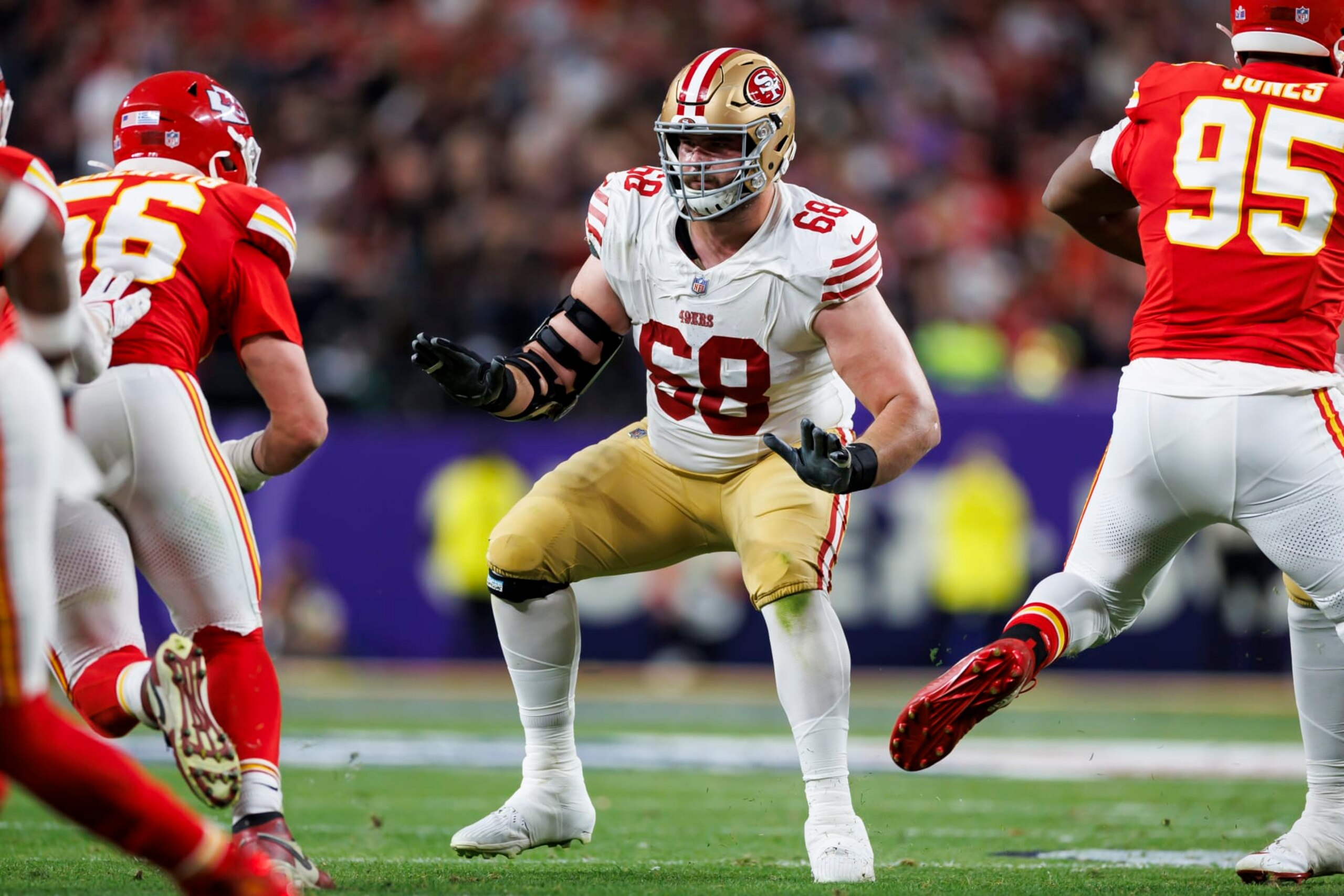 LAS VEGAS, NEVADA - FEBRUARY 11: Colton McKivitz #68 of the San Francisco 49ers blocks during Super Bowl LVIII against the Kansas City Chiefs at Allegiant Stadium on February 11, 2024 in Las Vegas, Nevada. (Photo by Ryan Kang/Getty Images)
