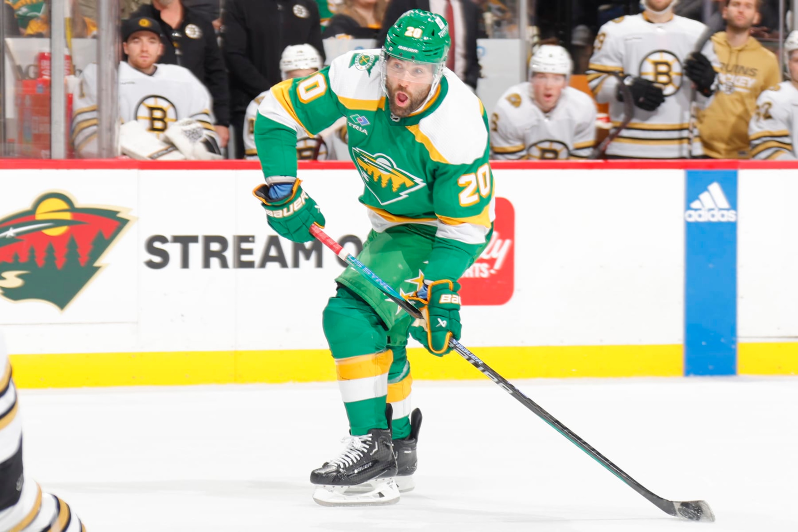 SAINT PAUL, MN - DECEMBER 23: Pat Maroon #20 of the Minnesota Wild passes the puck against the Boston Bruins during the game at the Xcel Energy Center on December 23, 2023 in Saint Paul, Minnesota. (Photo by Bruce Kluckhohn/NHLI via Getty Images) SAINT PAUL, MN - DECEMBER 23: Pat Maroon #20 of the Minnesota Wild passes the puck against the Boston Bruins during the game at the Xcel Energy Center on December 23, 2023 in Saint Paul, Minnesota. (Photo by Bruce Kluckhohn/NHLI via Getty Images)