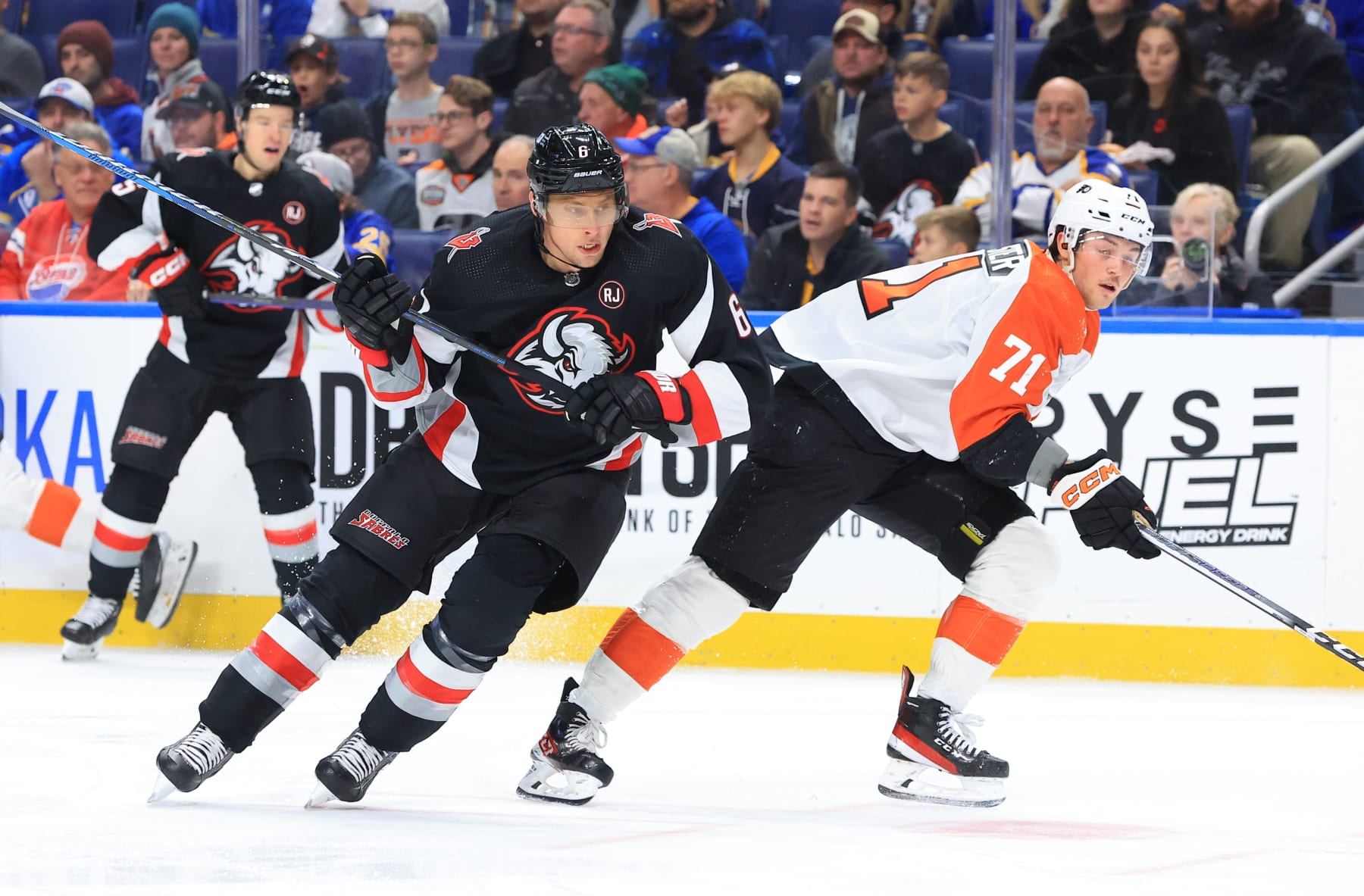 BUFFALO, NEW YORK - NOVEMBER 3: Erik Johnson #6 of the Buffalo Sabres skates against Tyson Foerster #71 of the Philadelphia Flyers during an NHL game on November 3, 2023 at KeyBank Center in Buffalo, New York. (Photo by Bill Wippert/NHLI via Getty Images)
