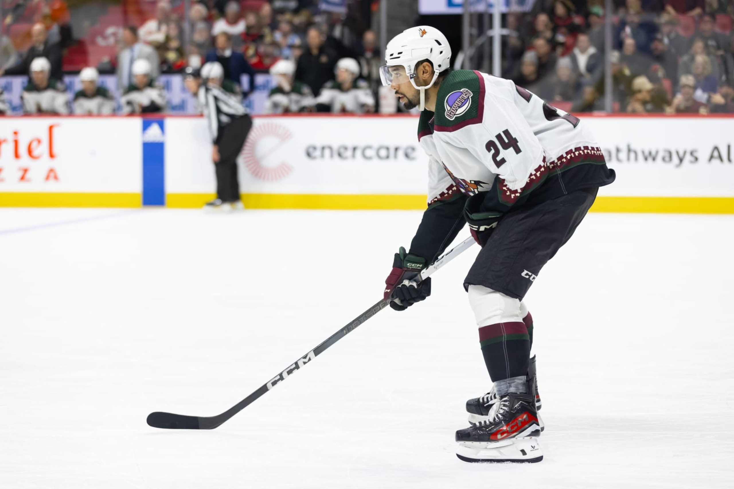 OTTAWA, ON - MARCH 01: Arizona Coyotes Defenceman Matt Dumba (24) before a face-off during third period National Hockey League action between the Arizona Coyotes and Ottawa Senators on March 1, 2024, at Canadian Tire Centre in Ottawa, ON, Canada. (Photo by Richard A. Whittaker/Icon Sportswire via Getty Images)