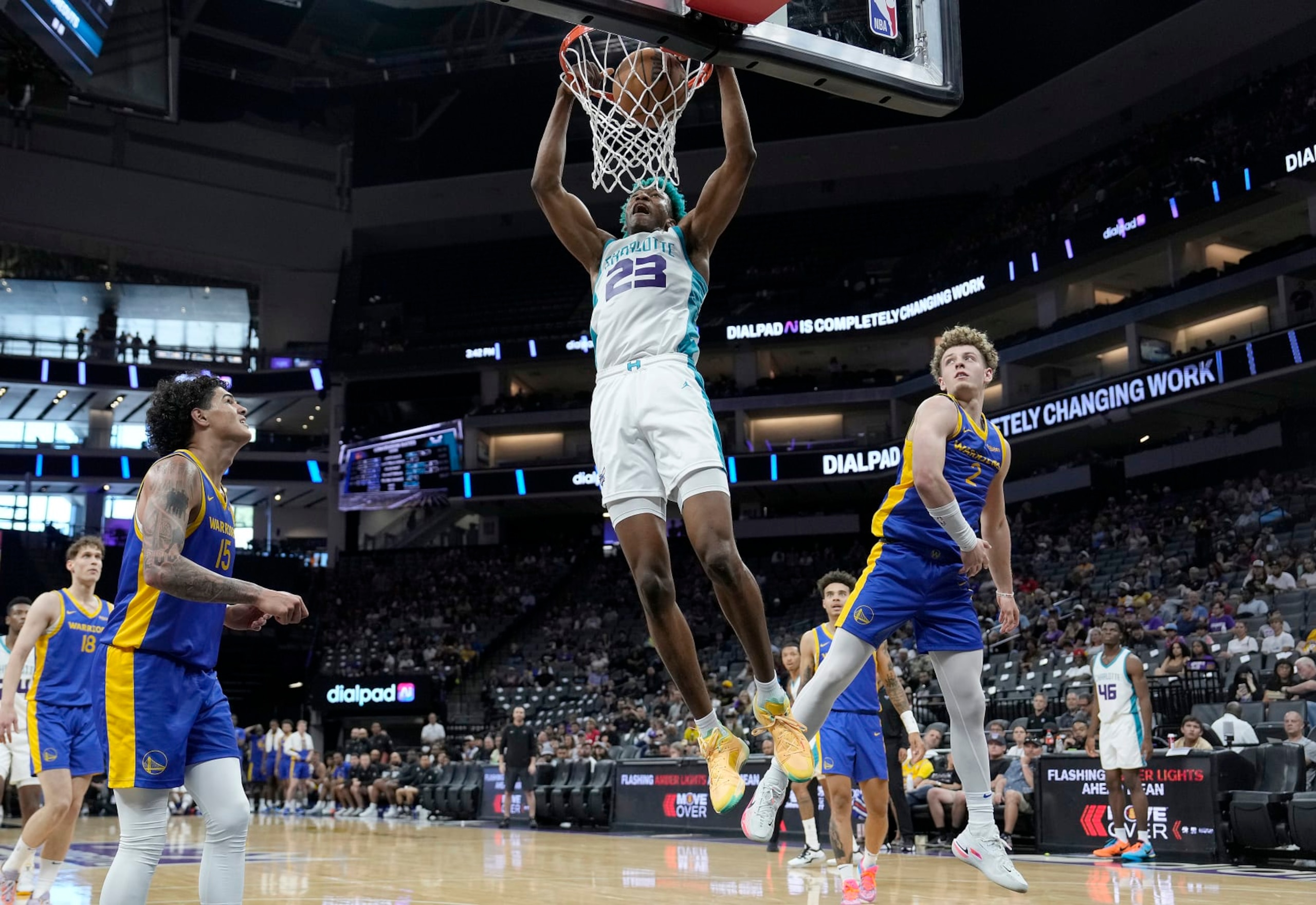 SACRAMENTO, CALIFORNIA - JULY 05: Kai Jones #23 of the Charlotte Hornets slam dunks against the Golden State Warriors in the first half during the 2023 NBA California Classic at Golden 1 Center on July 05, 2023 in Sacramento, California. NOTE TO USER: User expressly acknowledges and agrees that, by downloading and or using this photograph, User is consenting to the terms and conditions of the Getty Images License Agreement. (Photo by Thearon W. Henderson/Getty Images) SACRAMENTO, CALIFORNIA - JULY 05: Kai Jones #23 of the Charlotte Hornets slam dunks against the Golden State Warriors in the first half during the 2023 NBA California Classic at Golden 1 Center on July 05, 2023 in Sacramento, California. NOTE TO USER: User expressly acknowledges and agrees that, by downloading and or using this photograph, User is consenting to the terms and conditions of the Getty Images License Agreement. (Photo by Thearon W. Henderson/Getty Images)