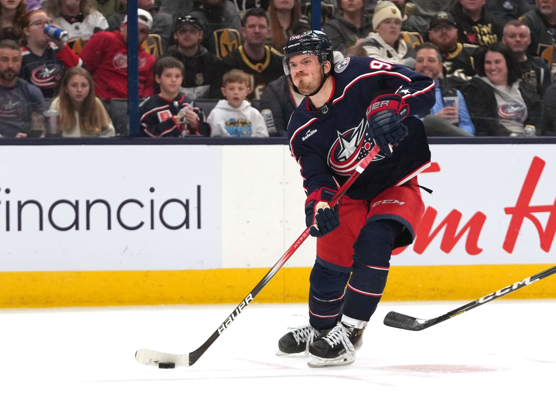 COLUMBUS, OHIO - MARCH 04: Jack Roslovic #96 of the Columbus Blue Jackets shoots the puck during the second period against the Vegas Golden Knights at Nationwide Arena on March 04, 2024 in Columbus, Ohio. (Photo by Jason Mowry/Getty Images)