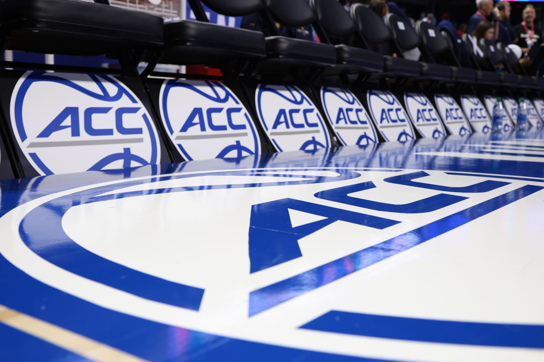 GREENSBORO, NC - MARCH 08: ACC logos adorn the benches during the first round of the Women's ACC Tournament between the Notre Dame Fighting Irish and the Louisville Cardinals on March 8, 2024 at Greensboro Coliseum in Greensboro, NC. (Photo by Nicholas Faulkner/Icon Sportswire via Getty Images)