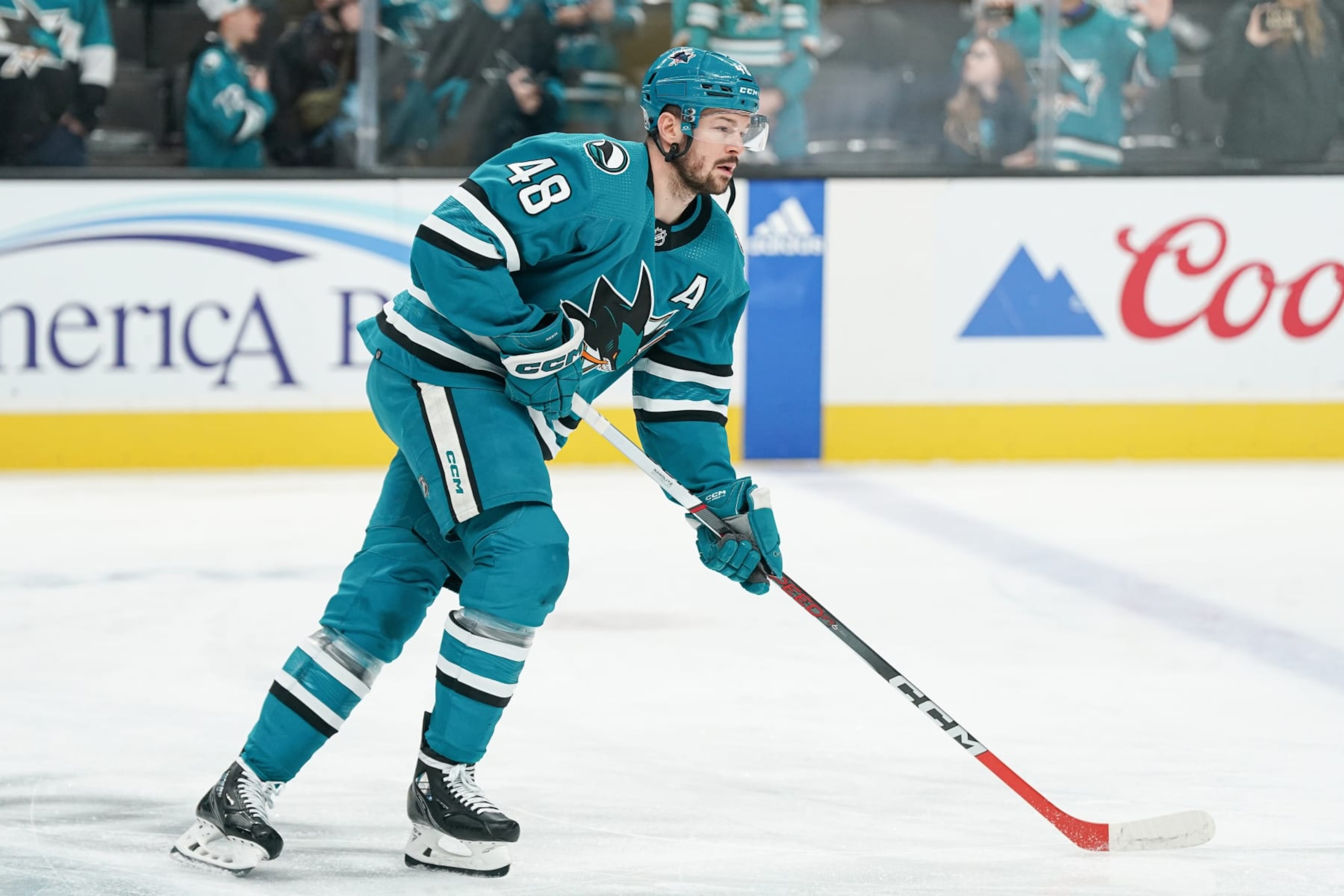 SAN JOSE, CA - JANUARY 23: Tomas Hertl #48 of the San Jose Sharks skates during warmups before the game against the New York Rangers at SAP Center on January 23, 2024 in San Jose, California. (Photo by Kavin Mistry/NHLI via Getty Images)