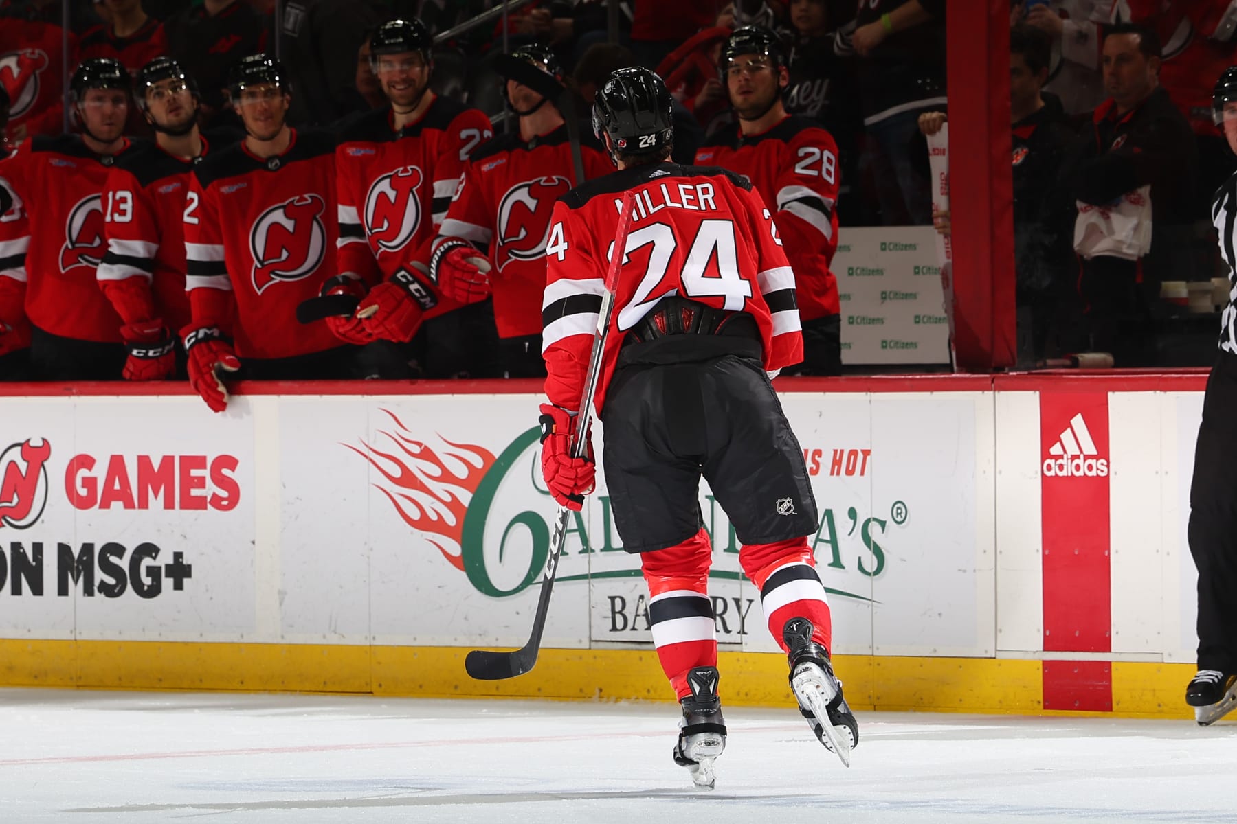 NEWARK, NJ - MARCH 05: Colin Miller #24 of the New Jersey Devils celebrates his goal in the third period of the game against the Florida Panthers at the Prudential Center on March 5, 2024 in Newark, New Jersey.  (Photo by Rich Graessle/NHLI via Getty Images)