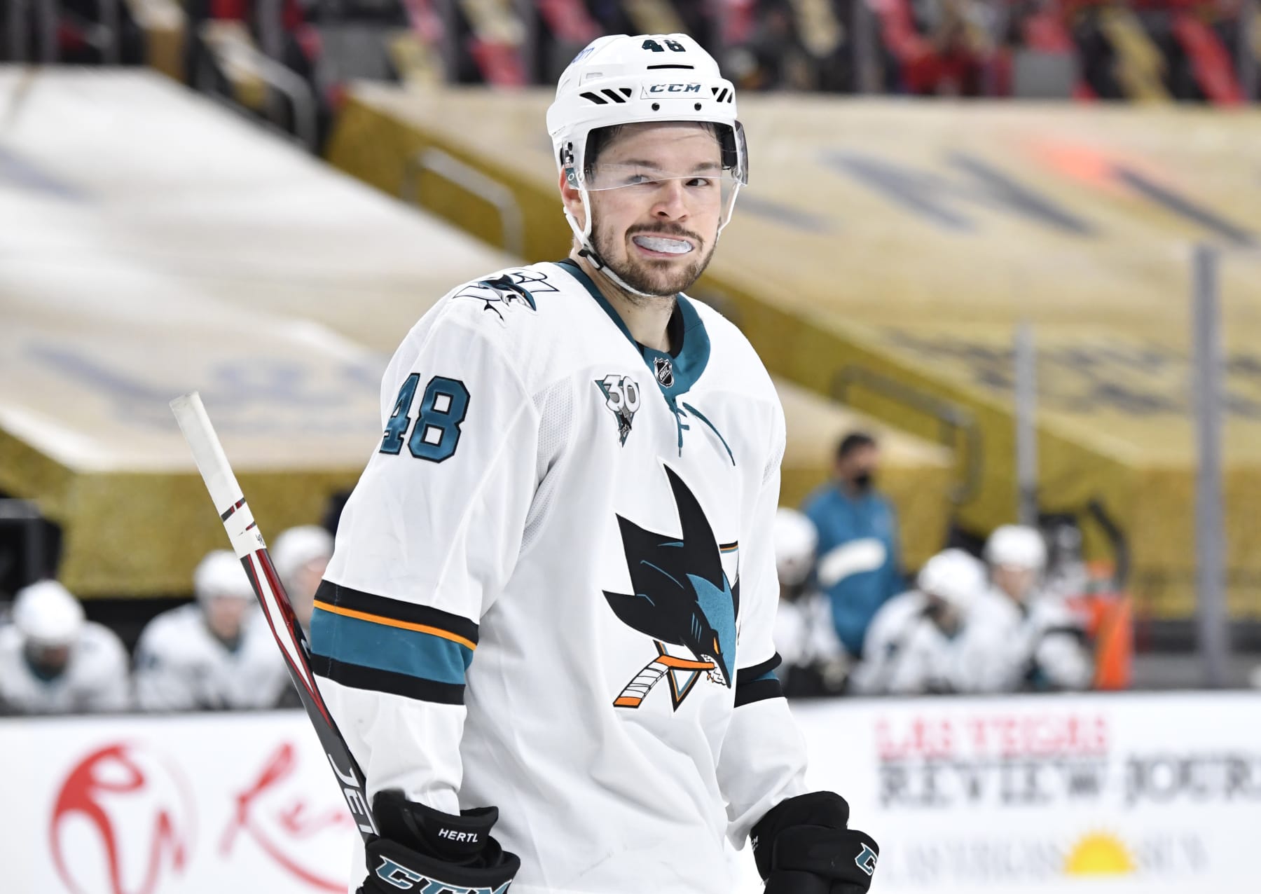 LAS VEGAS, NEVADA - MARCH 15: Tomas Hertl #48 of the San Jose Sharks skates during the second period against the Vegas Golden Knights at T-Mobile Arena on March 15, 2021 in Las Vegas, Nevada. (Photo by Jeff Bottari/NHLI via Getty Images)