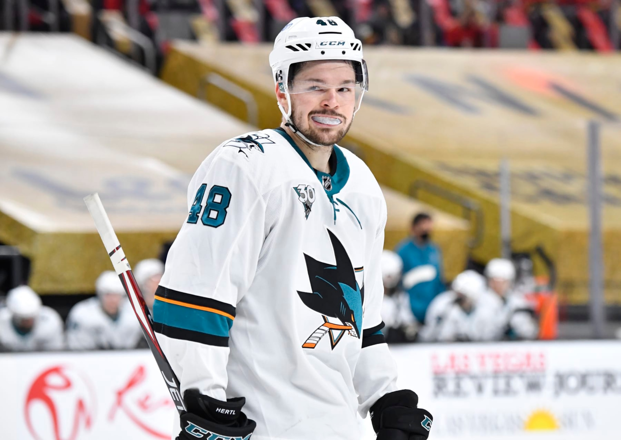 LAS VEGAS, NEVADA - MARCH 15: Tomas Hertl #48 of the San Jose Sharks skates during the second period against the Vegas Golden Knights at T-Mobile Arena on March 15, 2021 in Las Vegas, Nevada. (Photo by Jeff Bottari/NHLI via Getty Images) LAS VEGAS, NEVADA - MARCH 15: Tomas Hertl #48 of the San Jose Sharks skates during the second period against the Vegas Golden Knights at T-Mobile Arena on March 15, 2021 in Las Vegas, Nevada. (Photo by Jeff Bottari/NHLI via Getty Images)