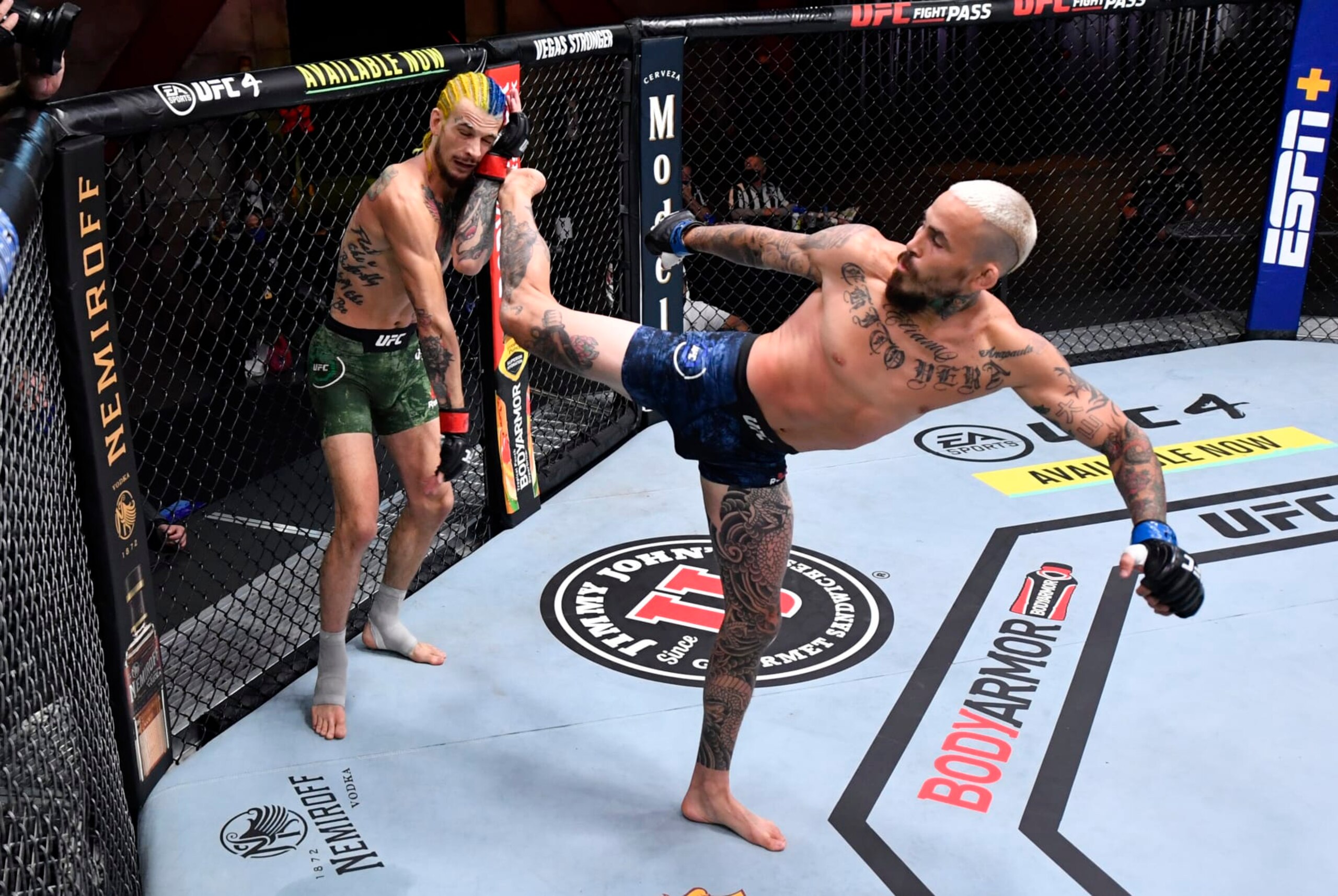 Marlon Vera kicks Sean O'Malley in their first fight. Marlon Vera kicks Sean O'Malley in their first fight.