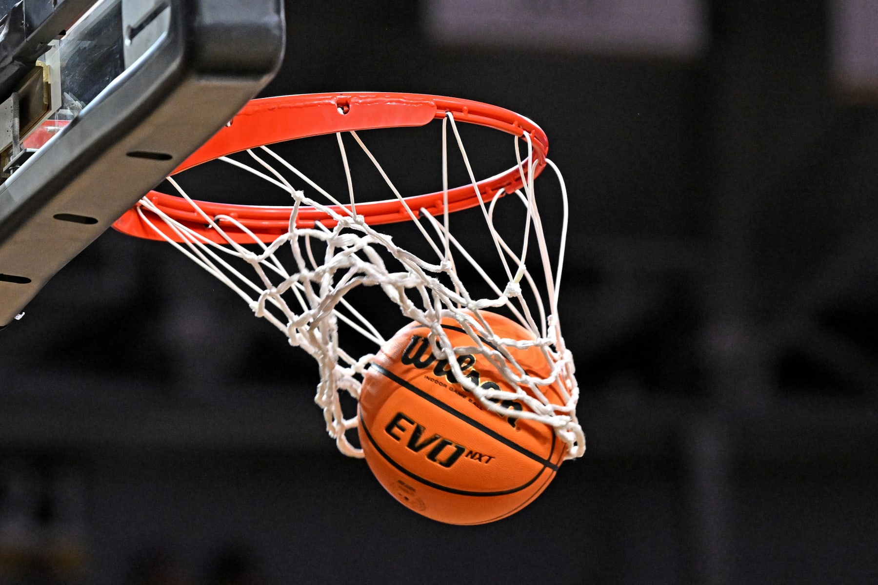 WICHITA, KS - FEBRUARY 25:  A general view of a basketball going through the hoop during a basketball game between the Temple Owls and Wichita State Shockers at Charles Koch Arena on February 25, 2024 in Wichita, Kansas.  (Photo by Peter G. Aiken/Getty Images)
