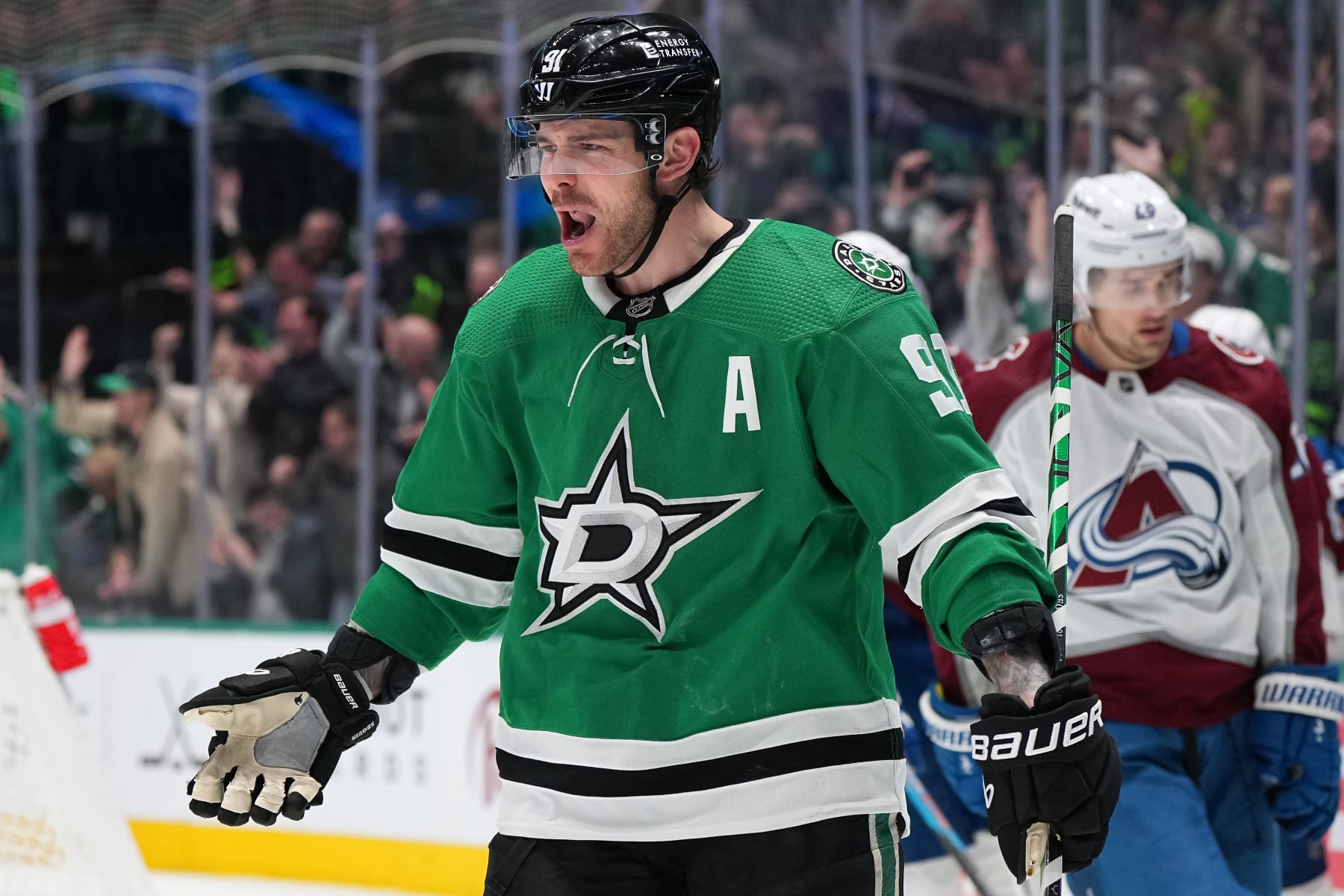 DALLAS, TEXAS - JANUARY 04: Tyler Seguin #91 of the Dallas Stars celebrates his third period goal against the Colorado Avalanche at American Airlines Center on January 04, 2024 in Dallas, Texas. (Photo by Sam Hodde/Getty Images)